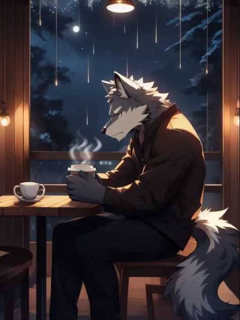 anthro wolf, furry, rain, armed,sad expression,white wolf,, night, handsome, sitting,coffee,coffee shop, masterpiece, casual clo...