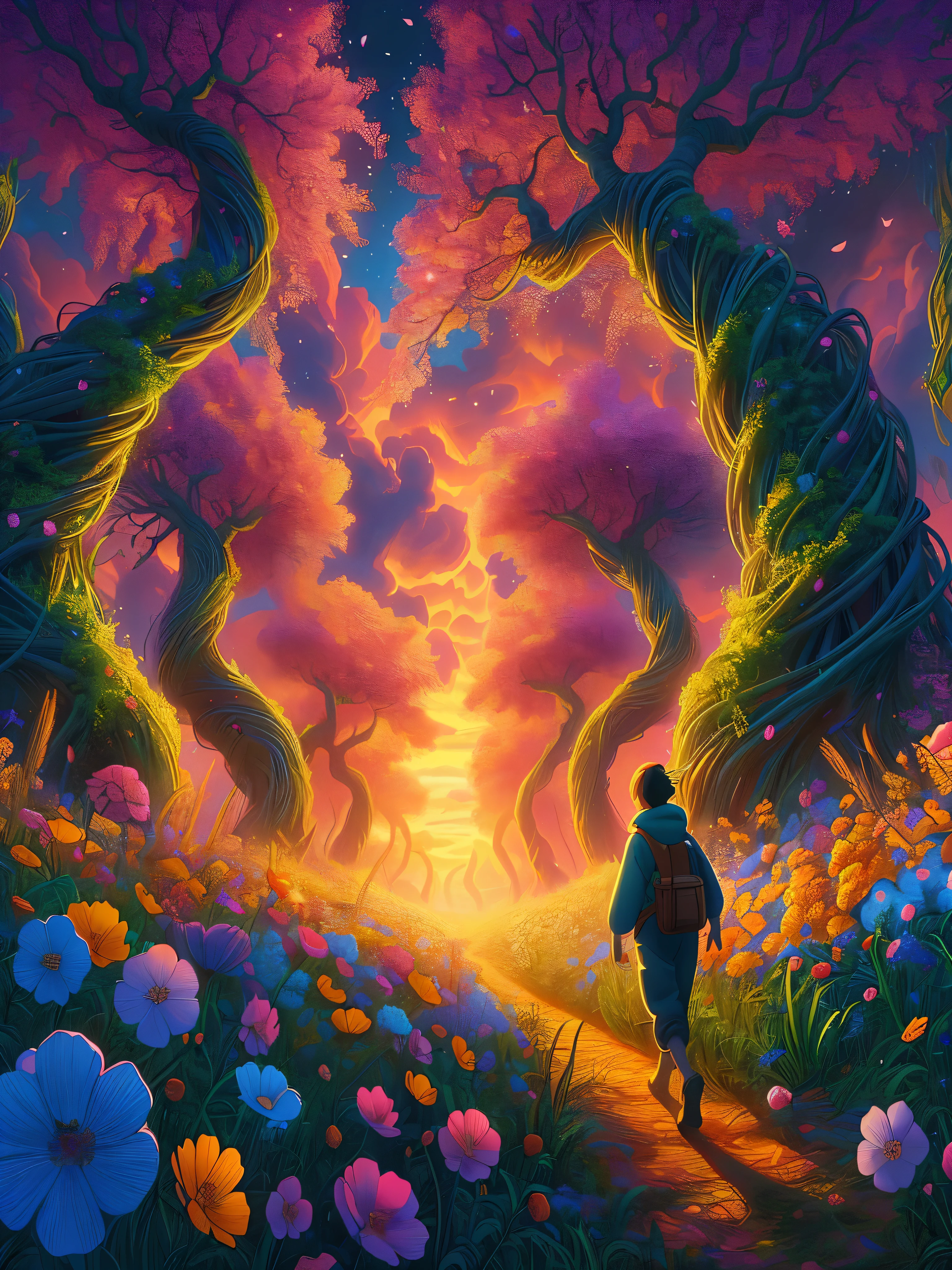 Draw an anime simple art scene of Amidst the kaleidoscope of unearthly blossoms, the adventurer discovers a hidden path weaving through trail full of wildflowers, the celestial sky, lofi, ghibli style, vibrant color tones, sunset, mysterious trees