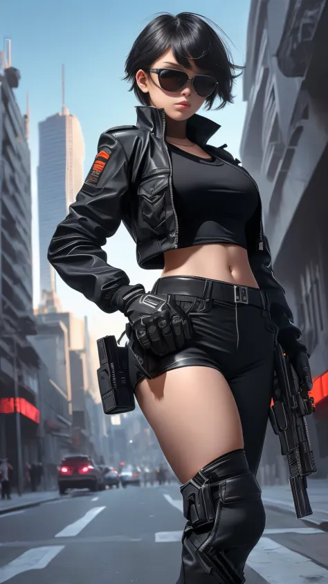 1girl, weapon, holding weapon, gun, cyberpunk, solo, mouth mask, mask, holding, pants, breasts, jacket, black jacket, neon light...