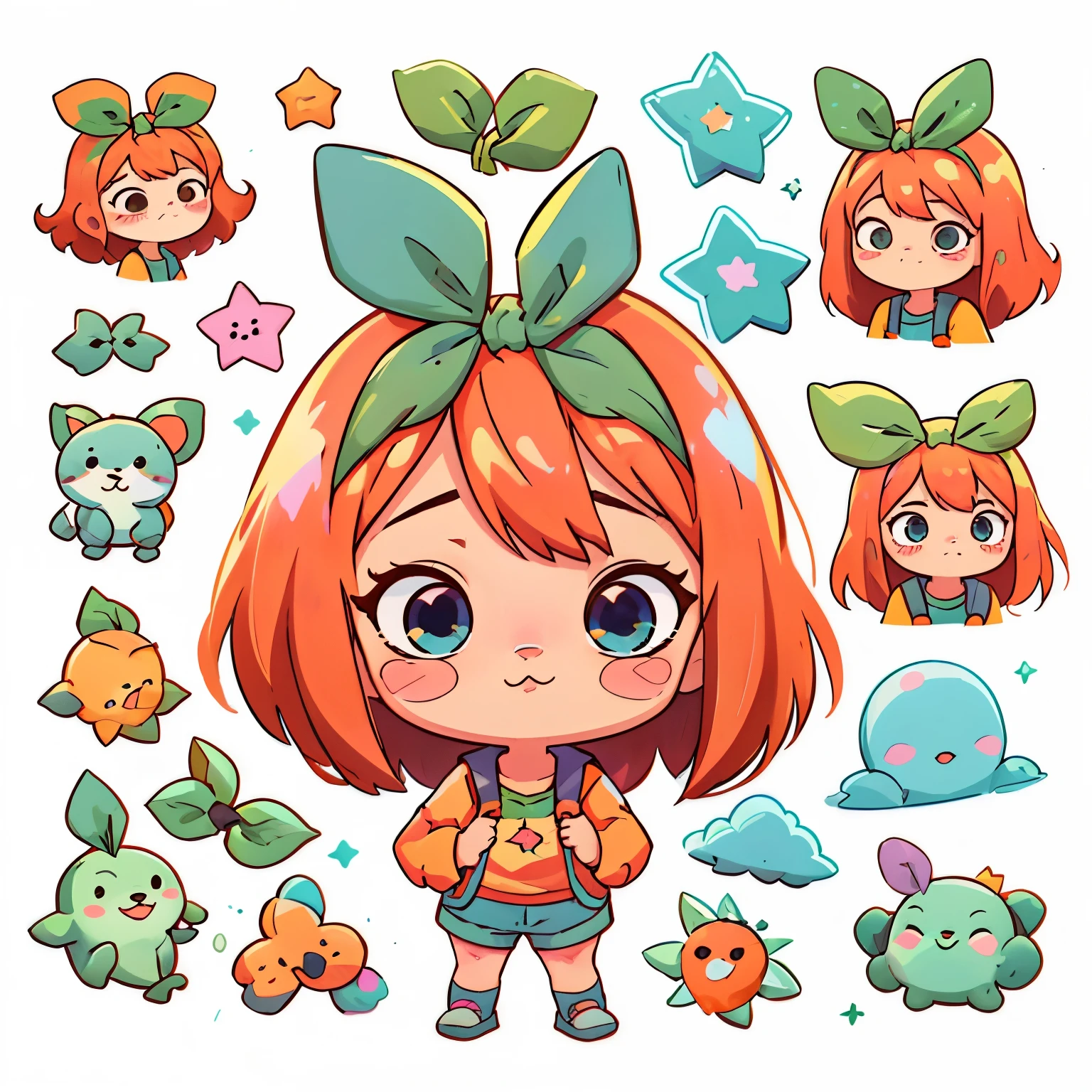 Multiple adesivos, adesivo, (bonitinho) , estrelas, white Fundo, no Fundo,  Fundo, mínimo, bonitinho, pequeno, cor pastel, Estilo vetorial, sem gradiente, simple adesivos, yotsuba nakano head, cabelo liso laranja na altura dos ombros, Olhos azuis brilhantes, laço de cabelo fita verde, yotsuba nakano adesivo