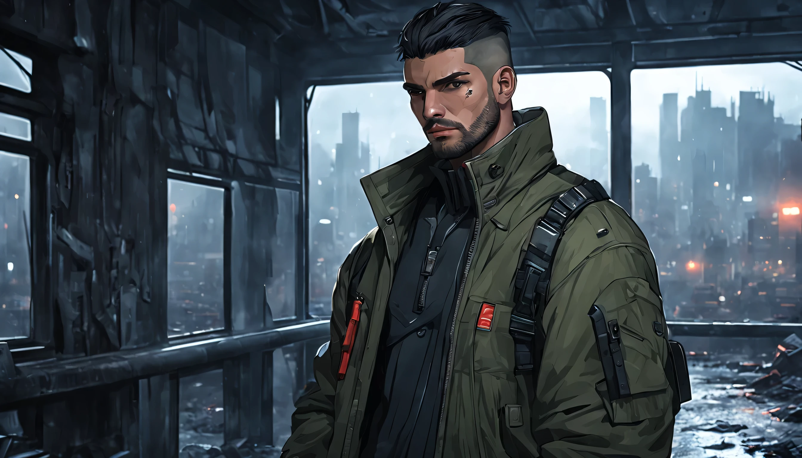 portrait of a (realistic) mysterious student is named (Antonio)) strong, military type man, ((masculine)), wears baggy clothes, has a small beard, ((thick neck)), big, buzz cut hair, many scars on face, in an abandoned area, behind the windows is a very dark abandoned futuristic city, rainy night
