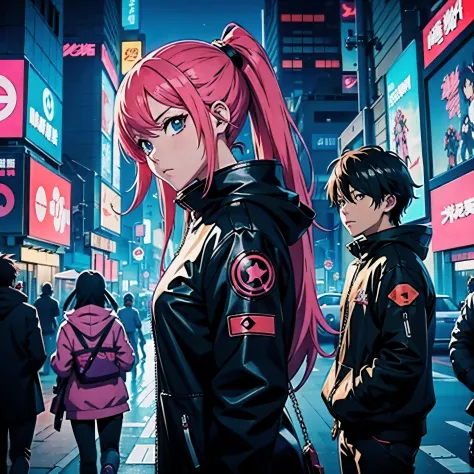 Anime scene of two people in a city with a robot, digital Arte de anime cyberpunk, arte ciberpunk de anime, mecha de garota anim...