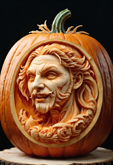 best quality, ultra-detailed, photorealistic,3d rendering, pumpkin carving, round logo of sea waves carving