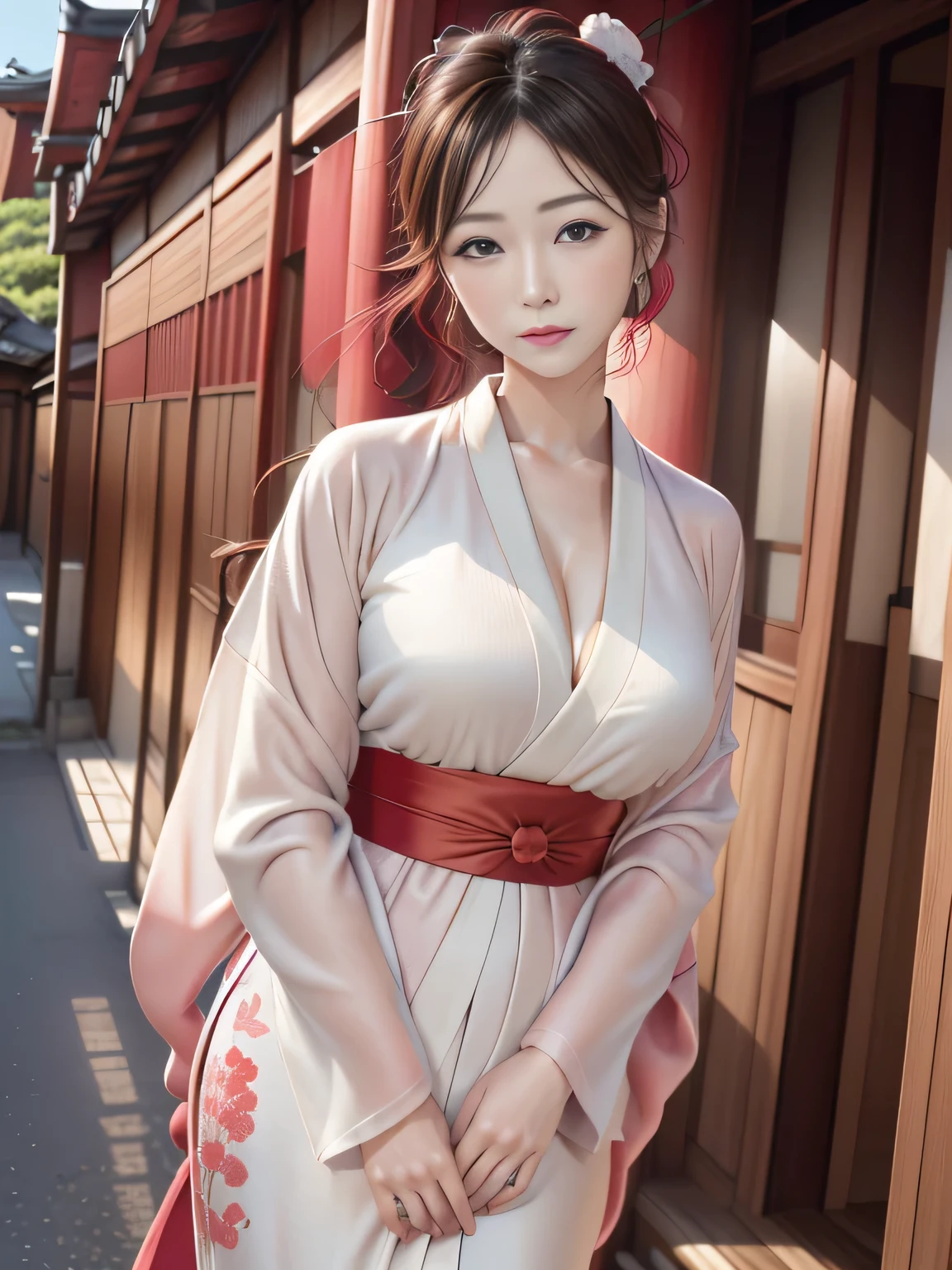 (New Year's scenery of Japan), ((in sfw)), 8k, ((table top)),(((highest quality))),((Super detailed)),((((realistic)))), Photoreal:1.37, (超Realistic), (enlightenment), (High resolution), (very detailed), (The best enlightenmentns), (Super detailed細), (wall), (detailed face), (beautiful expression), ((Details highest quality skins:1.2)), ((reddish blush)), (Super detailed background, detailed background), (beautiful and aesthetic: 1.2), very detailed, Super detailed thin pussy,beautiful girl, , Playfulness and charm. girl&#39; Kimono is carefully made, Flowing cloth fluttering in the wind. color soft pastel, Reminiscent of the wildflowers that surround her. With the main unit installed, Bring in light with intricate embroidery and beads. Kimono flows softly, With a layer of fabric that rustles softly as she moves,,,,. overall effect 、A piece that combines timeless elegance and elegance., Hiroko Takashiro, (mature woman, mature woman:1.1), alone, (curve:1.1), office, (full body shot:1.1), (redhead:1.05), long straight hair, lipstick, compensate, ultra detail hair, 超detailed face, (purple eyes:1.05), perfect eyes, perfect face, earrings, ((fine eyes, glossy lips, fine-textured skin)), Big breasts that are about to burst, deep cleavage, (reddish blush),, Woman in Kimono:1.5, ((from the front)),((M-shaped legs)), ((put your palms together in front of your face)), A woman wearing a kimono and standing bare skin, (kimono with embroidery), ((Cute kimono)), ((girl&#39;hair wrapped with hairpins)), Kadomatsu City, Komainu, red torii, large company, Customers praying, gorgeous new year decorations, large company decorated with gold leaf, At the shrine shining in the morning sun