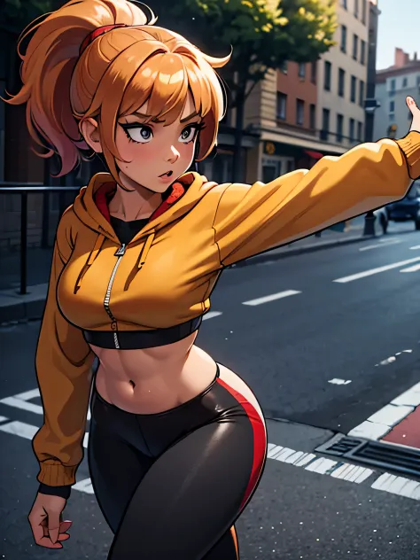 ((masterpiece, best quality)), night, 1girl, medium hair, ponytail, bangs, strawberry blonde hair, on road, grey eyes, (tan) ski...