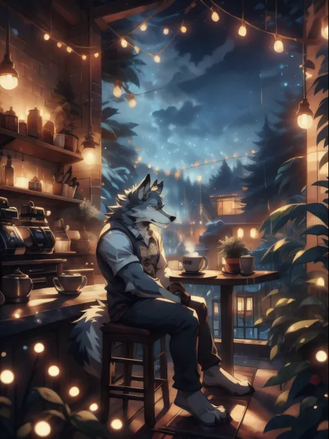 anthro wolf, furry, rain, armed,sad expression,white wolf,, night, handsome, sitting,coffee,coffee shop, masterpiece, casual clo...