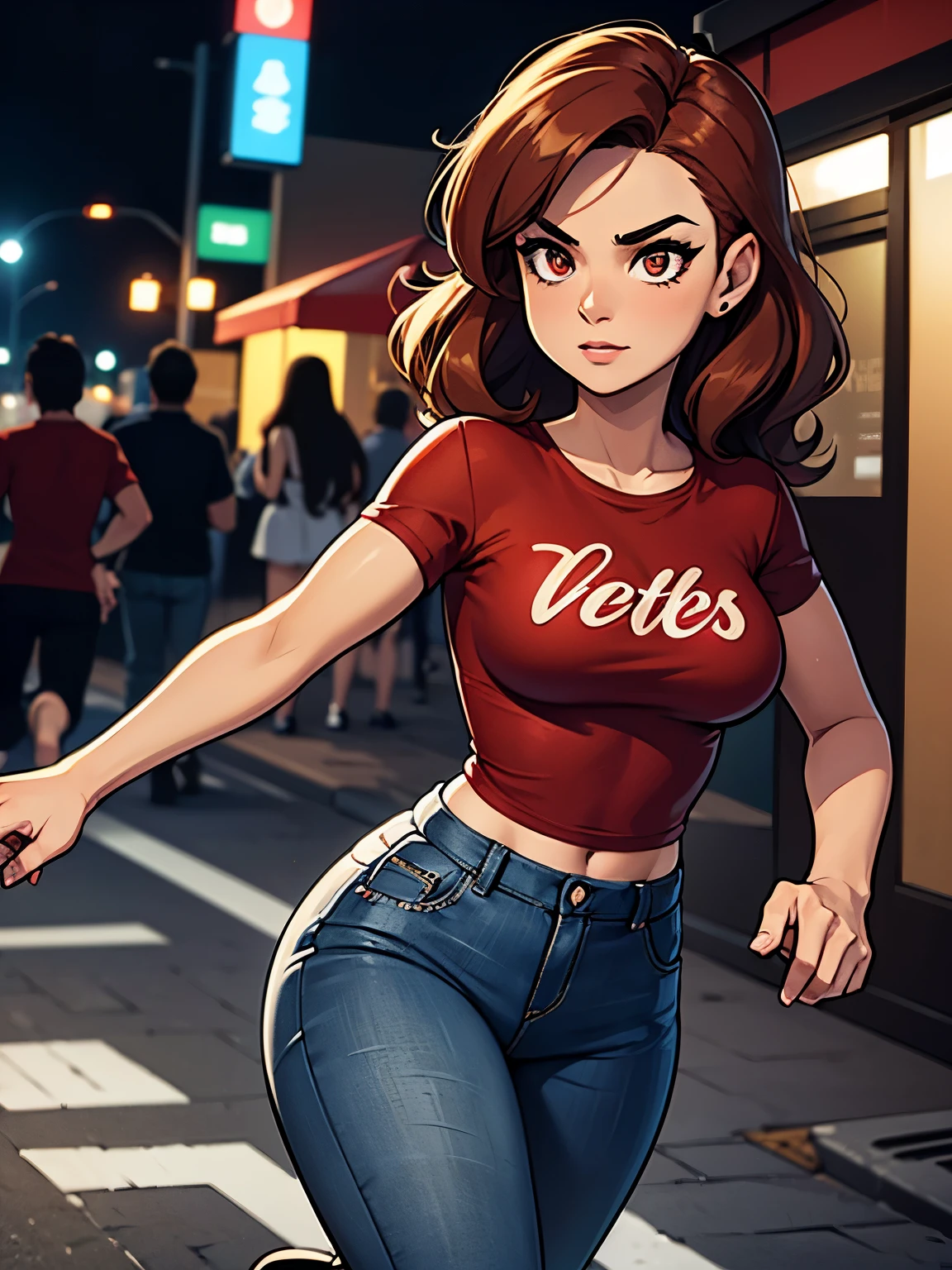 ((masterpiece, best quality)) night, 1girl, short long wavy hair, sidelocks, auburn hair, outside, street, (((running))), hazel eyes, tan skin, makeup, petite, large breasts, (((red t-shirt))), high waist jeans, black skinny jeans, shirt tucked into jeans, black jacket,