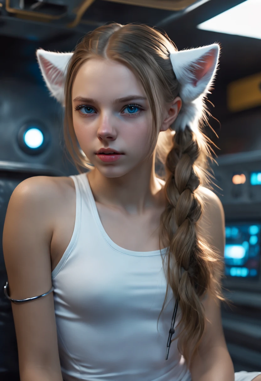 Russian girl,  sitting on a bed,  in a cyberpunk steel bunker with hatches etc.,  in the background. she  wearing white cats ears. She has twintail hairstyle.  girl,  slim petite,  small girl,  beautiful breasts. Masterpiece,  8k,  4k,  high resolution,  dslr,  ultra quality,  sharp focus,  tack sharp,  dof,  film grain,  Fujifilm XT3,  crystal clear,  8K UHD,  highly detailed light blue eyes,  high detailed skin,  skin pores,  seductive,   look,  bewitching lady with beautiful long hair,  brown eyes,  full lips,  long legs,  lovely face wearing torn vaultsuit clothes. , realistic colors, realistic, photorealistic