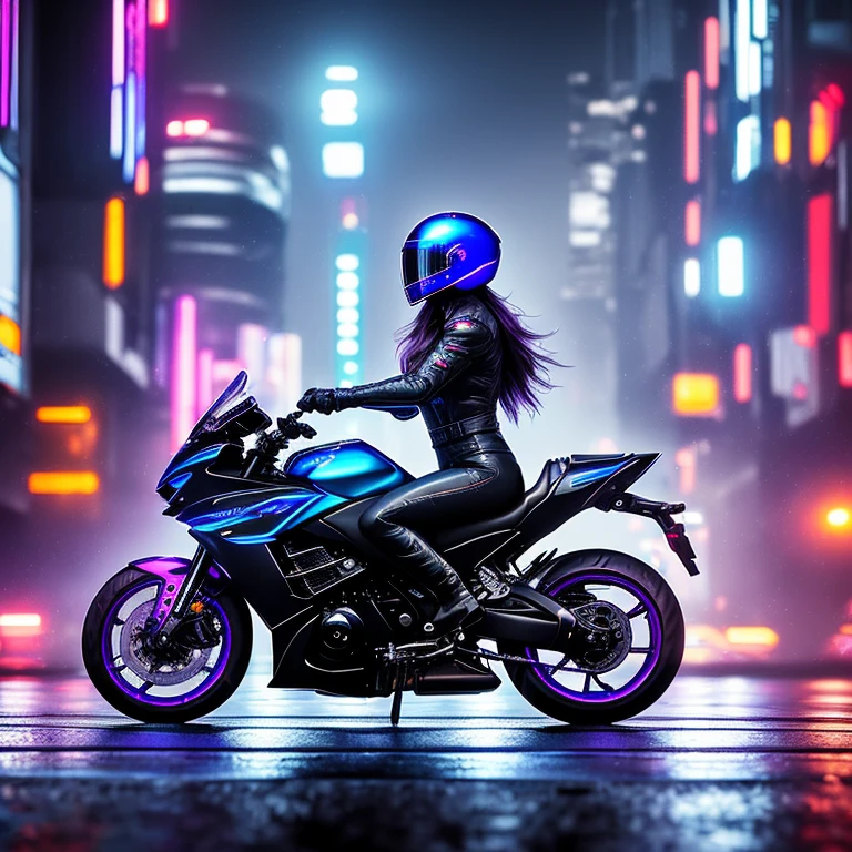 (best quality,4k,8k,highres,masterpiece:1.2),ultra-detailed,(realistic,photorealistic,photo-realistic:1.37),woman sitting on a motorcycle on the road, sitting on a motorcycle, sitting on cyberpunk motorbike, motorcycle, sporty, motorcycles, riding a motorcycle, powerful pose, picture of a female, chrome details, futuristic environment, neon lights, urban setting, dark and moody atmosphere, city skyline reflected on the wet road, vibrant colors, dramatic shadows, cool blue and purple color scheme, sleek and glossy surfaces, shiny leather outfit, fierce expression, wind blowing through her hair, confident and determined gaze, tattooed arms, stylish helmet, dynamic composition, fast and dynamic movement, speed blur effect, high contrast, energy and excitement.