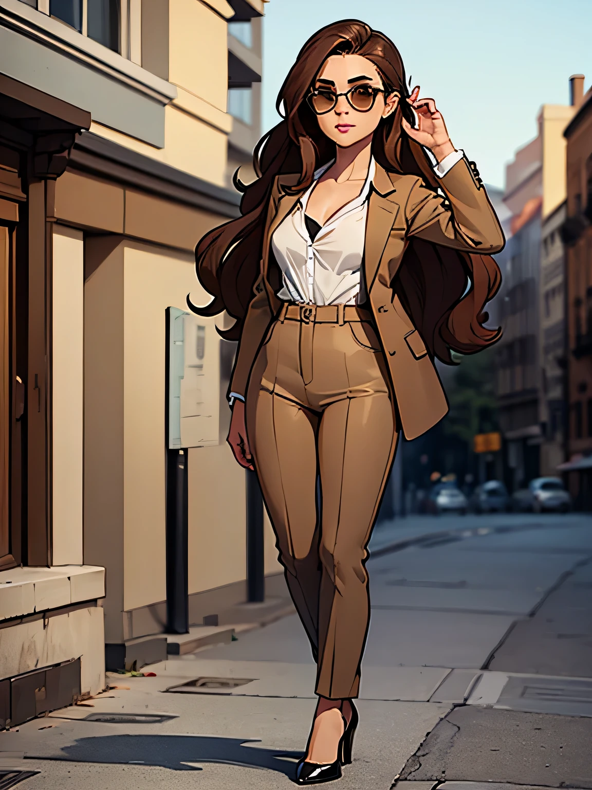 ((masterpiece, best quality)), (1girl), (solo), (female focus), brown hair, shoulder long wavy brown hair, hazel eyes, {sunglasses on head}, flat chest, white blouse, blazer, high waist trousers, high heels, sunglasses on head