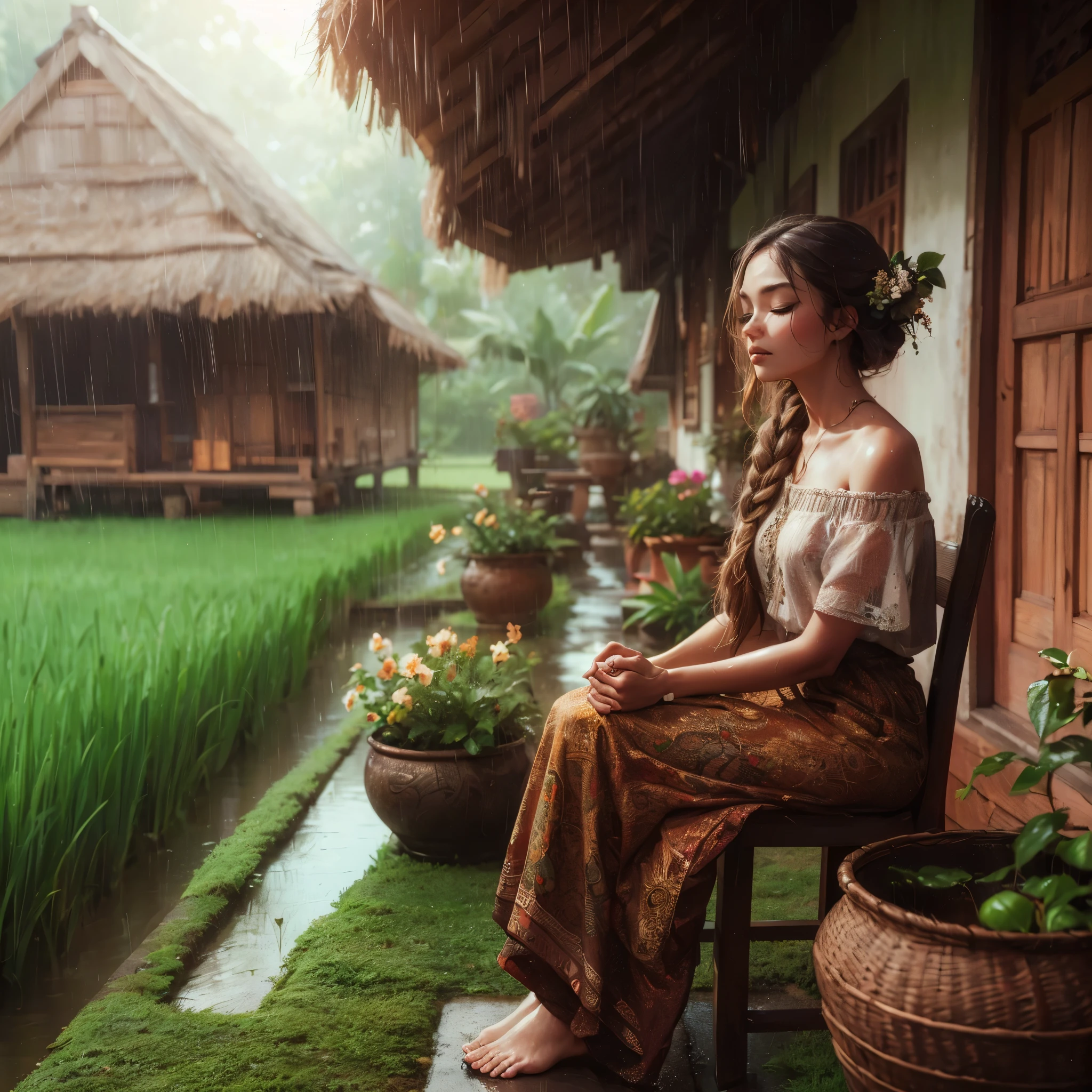 there a woman sitting on a chair in the rain, (((eyes closed))), traditional beauty, rainy afternoon, beautiful digital artwork, day after raining, by Rudy Siswanto, inspired by Rudy Siswanto, rainy day outside, after the rain, just after rain, under rain, rainy mood, beautiful realistic photo, on a rainy day, raining portrait, rainy day, raining (masterpiece, best quality:1.2),(8k,highres,RAW photo,realistic,photo-realistic:1.3),(detailed skin texture,detailed cloth texture,beautiful detailed face:1.25),professional lighting,photon mapping,beautiful soft light,radiosity,physically-based rendering,model shoot style, model shoot style, (extremely detailed CG unity 8k wallpaper), full shot body photo of the most beautiful artwork in the world, complex 3d render ultra detailed, looking at viewer, 18 yo, wet hair, real human skin, vibrant details, hyperrealistic, beautiful, octane render, an extremely delicate and beautiful, extremely detailed ,CG ,unity ,wallpaper,Amazing, finely detail,official art,extreme detailed eyes, (perfect face), shiny skin, colorful, highest detailed, vibrant colors, ultra high res, (high contrast), intricate, lens flare