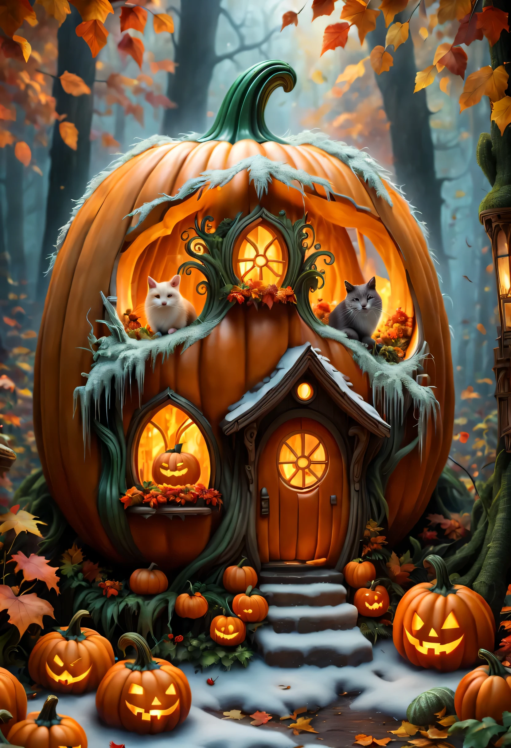 A painting of a pumpkin house with a cat sitting on top of it - SeaArt AI