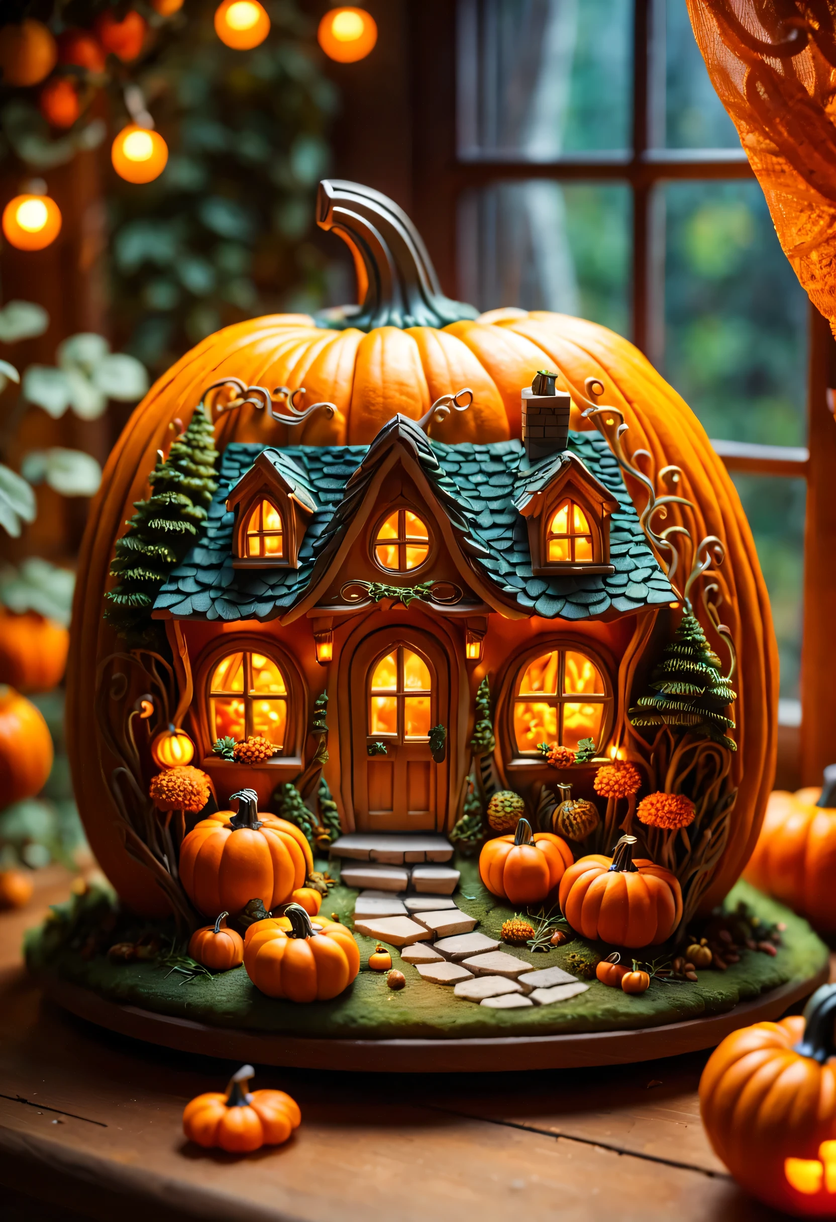 There is a pumpkin shaped house with a lit window and pumpkins - SeaArt AI