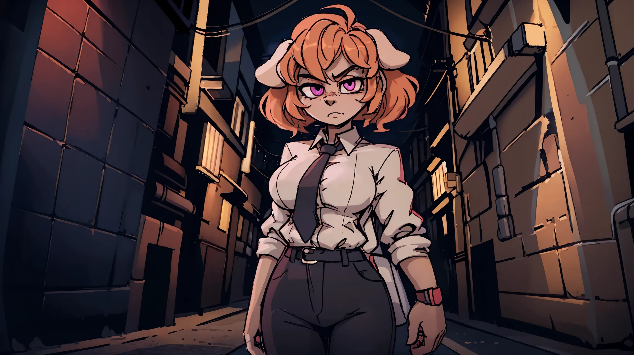 Anime character in a white shirt and black pants standing in a alley -  SeaArt AI