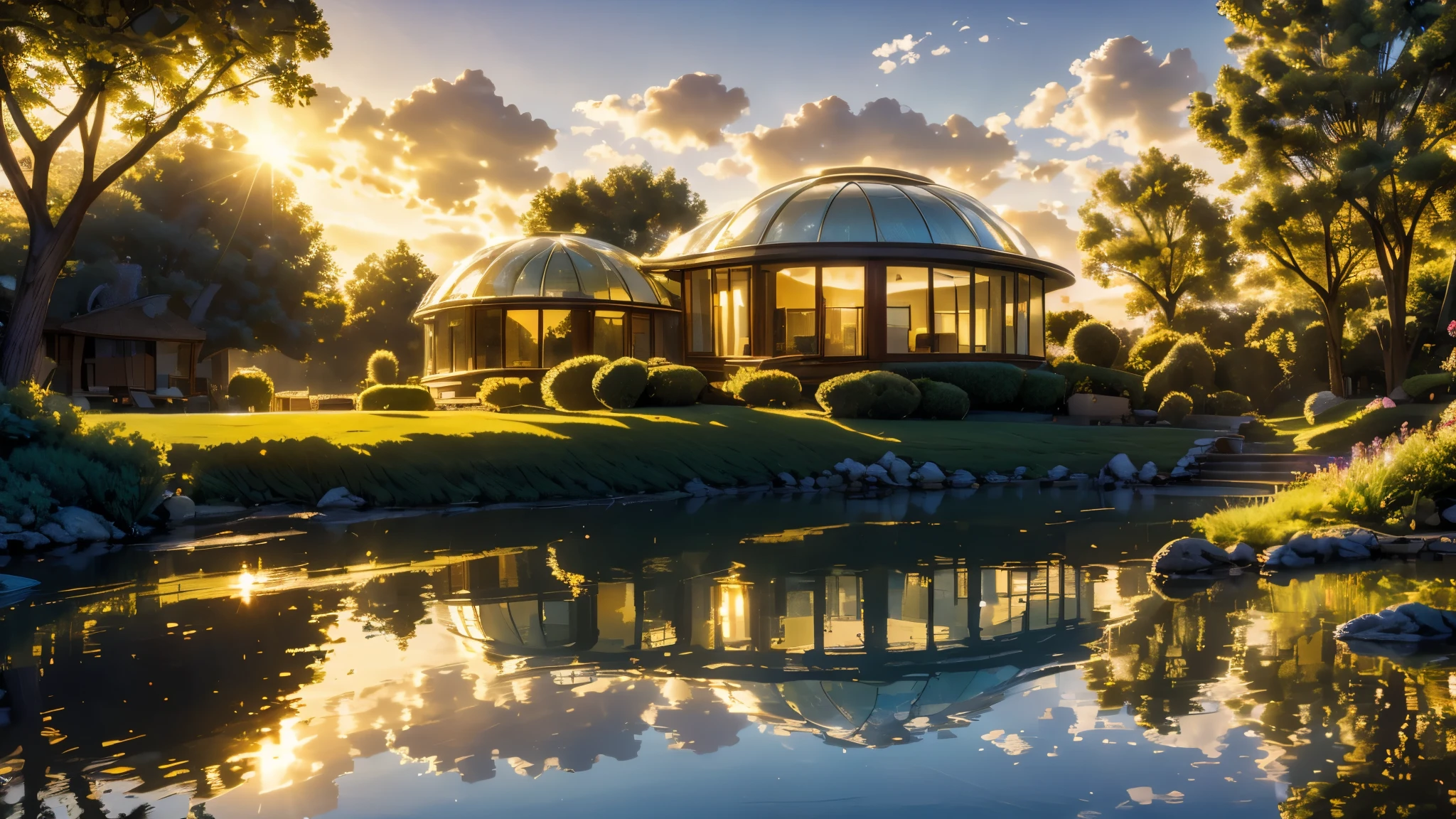 Nature view, Round clear glass dome house next to the lake, warm, Soft sunlight breaks through the clouds in many streaks of golden light., The light hits the lake and reflects off small waves., The wind blows softly and comfortably. , There are small fruits and vegetables around the house., sun light, bright blue sky White clouds, golden sun