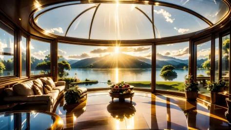 nature view, round clear glass dome house next to the lake, warm, soft sunlight breaks through the clouds in many streaks of gol...