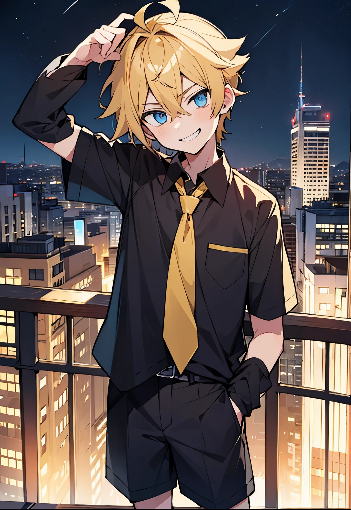 ,highres,wallpaper,solo,original,illustration,blue eyes,yellow hair,masterpiece,male,male focus,school uniform:1.2,boy, ((masterpiece)),(((best quality))), (high-quality, breathtaking), (expressive eyes, perfect face), 1boy, solo, male, short,street, night sky, dark, buildings, shorts, smirk,black shirt:1.2,