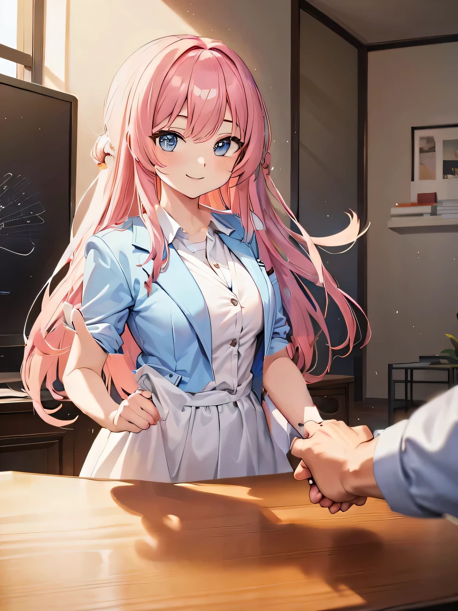 Anime girl with pink hair and blue eyes shaking hands with a man - SeaArt AI