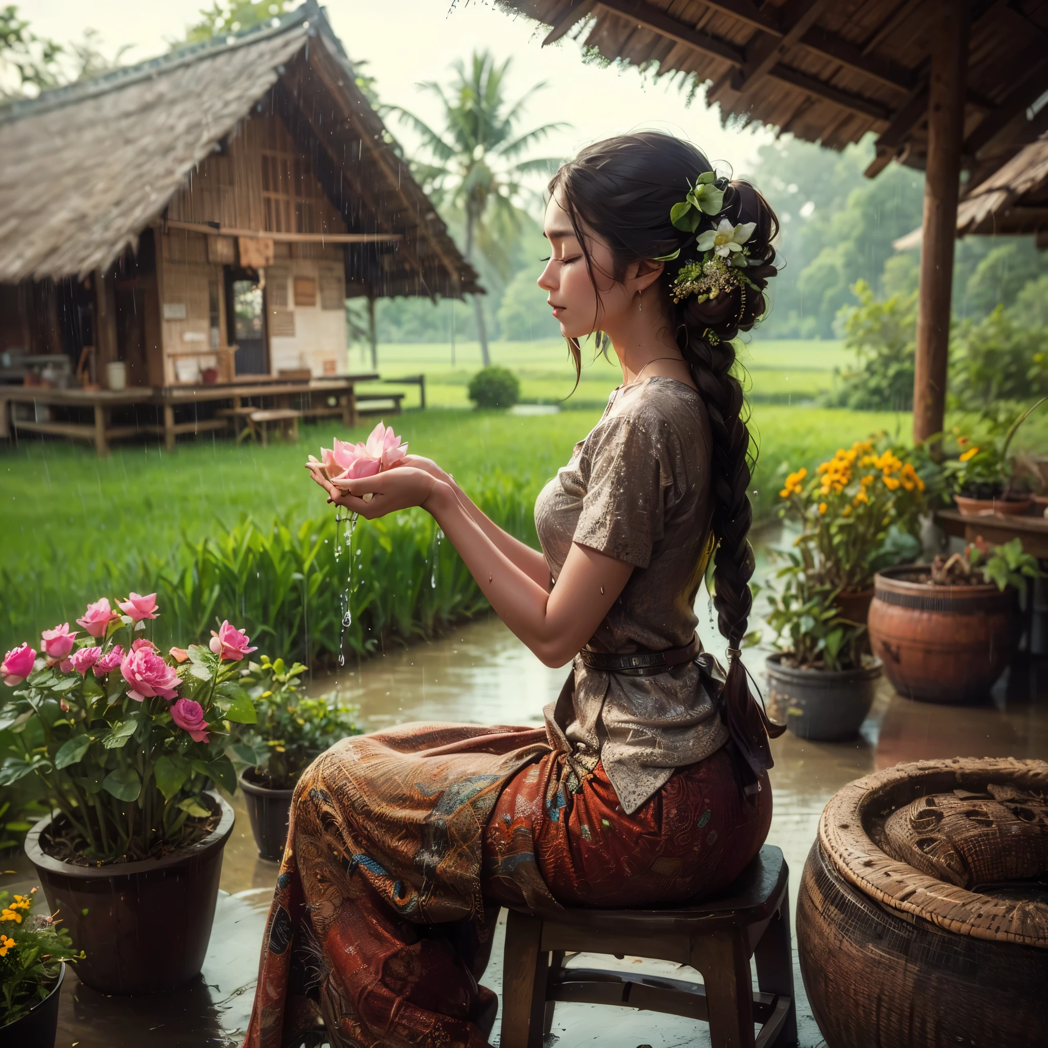 there a woman sitting on a chair in the rain, holding lotus flower with (((eyes closed))), traditional beauty, rainy afternoon, beautiful digital artwork, day after raining, by Rudy Siswanto, inspired by Rudy Siswanto, rainy day outside, after the rain, just after rain, under rain, rainy mood, beautiful realistic photo, on a rainy day, raining portrait, rainy day, raining (masterpiece, best quality:1.2),(8k,highres,RAW photo,realistic,photo-realistic:1.3),(detailed skin texture,detailed cloth texture,beautiful detailed face:1.25),professional lighting,photon mapping,beautiful soft light,radiosity,physically-based rendering,model shoot style, model shoot style, (extremely detailed CG unity 8k wallpaper), full shot body photo of the most beautiful artwork in the world, complex 3d render ultra detailed, looking at viewer, 18 yo, wet hair, real human skin, vibrant details, hyperrealistic, beautiful, octane render, an extremely delicate and beautiful, extremely detailed ,CG ,unity ,wallpaper,Amazing, finely detail,official art,extreme detailed eyes, (perfect face), shiny skin, colorful, highest detailed, vibrant colors, ultra high res, (high contrast), intricate, lens flare