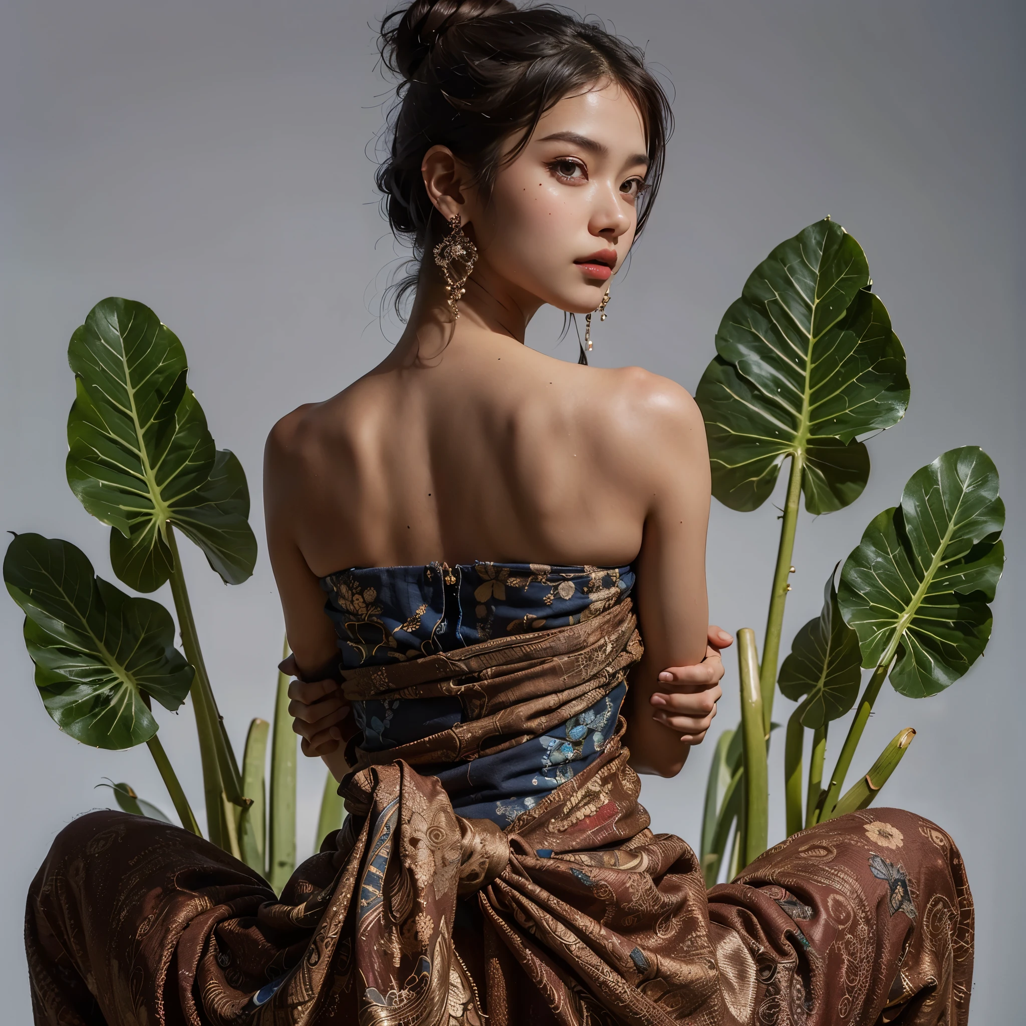 arafed woman in a dress sitting on a chair with a plant, beautiful oriental woman, high - end fashion photoshoot, asian woman, editorial fashion photography, by Basuki Abdullah, fashion photography, editorial model, by Galen Dara, beautiful asian woman, editorial photography, editorial image, batik, an asian woman, draped in flowing fabric, fashion editorial photography, (((sexy back))), (masterpiece, best quality:1.2),(8k,highres,RAW photo,realistic,photo-realistic:1.3),(detailed skin texture,detailed cloth texture,beautiful detailed face:1.25),professional lighting,photon mapping,beautiful soft light,radiosity,physically-based rendering,model shoot style, model shoot style, (extremely detailed CG unity 8k wallpaper), full shot body photo of the most beautiful artwork in the world, complex 3d render ultra detailed, looking at viewer, 18 yo, wet hair, real human skin, vibrant details, hyperrealistic, beautiful, octane render, an extremely delicate and beautiful, extremely detailed ,CG ,unity ,wallpaper,Amazing, finely detail,official art,extreme detailed eyes, (perfect face), shiny skin, colorful, highest detailed, vibrant colors, ultra high res, (high contrast), intricate, lens flare