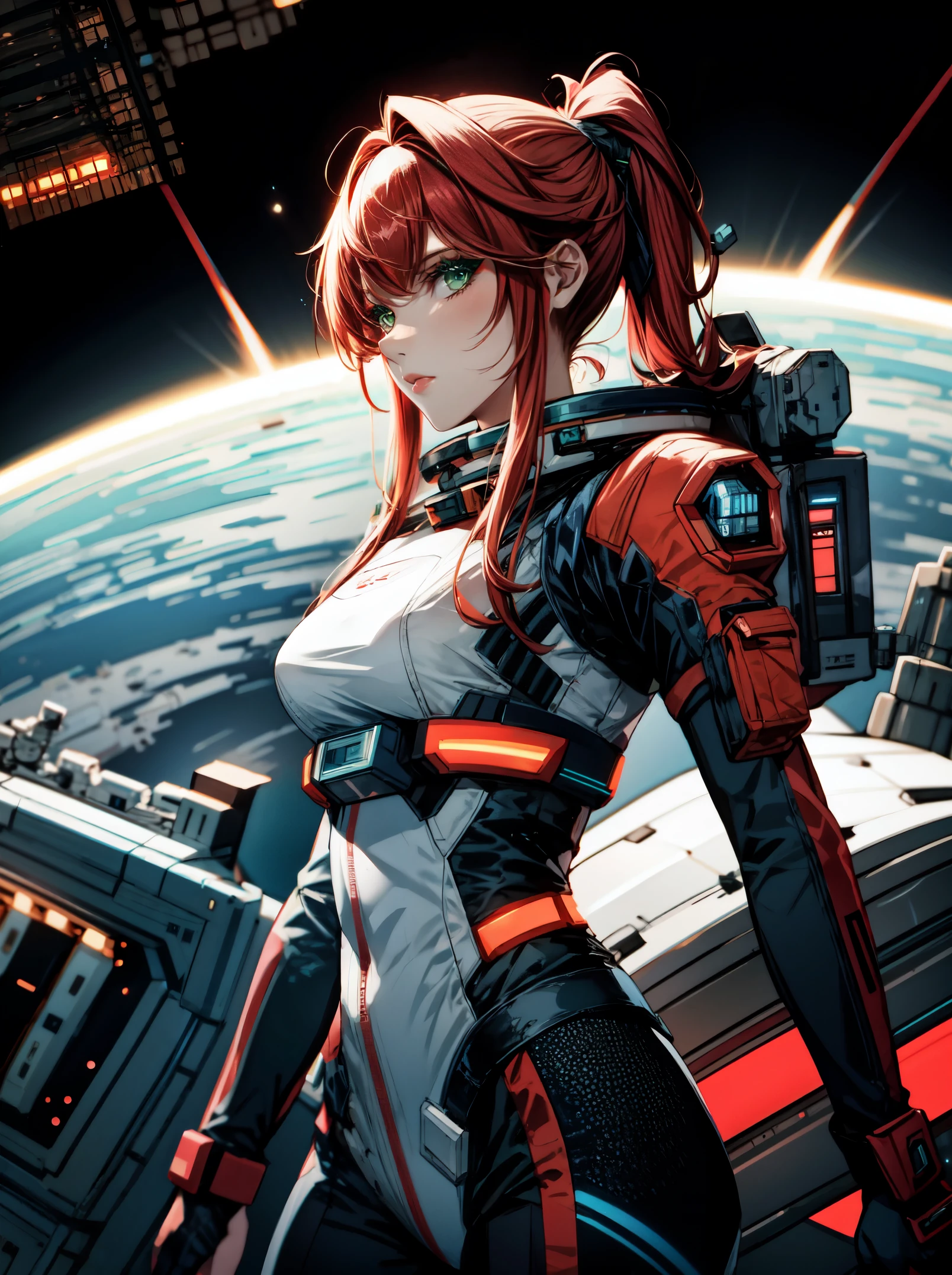 Masterpiece in ((8K)) resolution, with style inspired by futuristic sci-fi. | Alice, ((full_body)) an intrepid 22-year-old Viking warrior, wears a red costume with green chiquinhas in her hair. Her determined gaze reflects courage as she faces the unknown on the (Space Station). The bold combination of Viking and futuristic elements creates a unique and captivating image. | In a high-tech scenario, Alice navigates the Space Station, surrounded by holograms, terminals and metal structures. The bright light of the control panels enhances her costume, highlighting her striking presence in the space environment. | The composition focuses on Alice, with a dynamic angle, highlighting her confident posture in the middle of this futuristic scenario. ((High detailed, More Detail)).