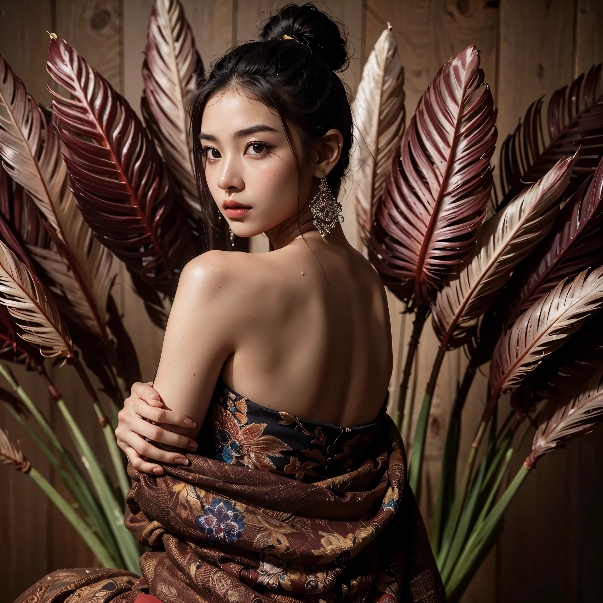 arafed woman in a dress sitting on a chair with a plant, beautiful oriental woman, high - end fashion photoshoot, asian woman, editorial fashion photography, by Basuki Abdullah, fashion photography, editorial model, by Galen Dara, beautiful asian woman, editorial photography, editorial image, batik, an asian woman, draped in flowing fabric, fashion editorial photography, (((sexy back))), (masterpiece, best quality:1.2),(8k,highres,RAW photo,realistic,photo-realistic:1.3),(detailed skin texture,detailed cloth texture,beautiful detailed face:1.25),professional lighting,photon mapping,beautiful soft light,radiosity,physically-based rendering,model shoot style, model shoot style, (extremely detailed CG unity 8k wallpaper), full shot body photo of the most beautiful artwork in the world, complex 3d render ultra detailed, looking at viewer, 18 yo, wet hair, real human skin, vibrant details, hyperrealistic, beautiful, octane render, an extremely delicate and beautiful, extremely detailed ,CG ,unity ,wallpaper,Amazing, finely detail,official art,extreme detailed eyes, (perfect face), shiny skin, colorful, highest detailed, vibrant colors, ultra high res, (high contrast), intricate, lens flare