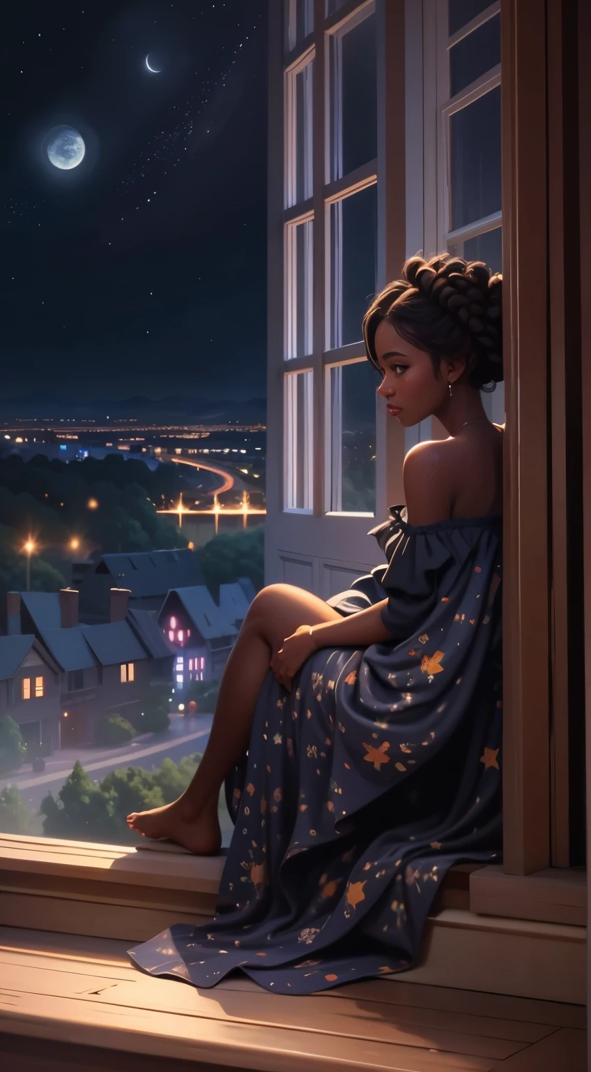 masterpiece, best quality, side profile of an extremely delicate and beautiful girl with dark skin, wearing an off the shoulder dress, resting on a windowsill, nightcore, world masterpiece theater, ultra-detailed, highly detailed, highres, extremely detailed,1girl with dark skin ,illustration, looking at the night sky, beautiful interior and exterior, impasto, canvas, oil painting, realistic, storybook style art, cozy atmosphere 