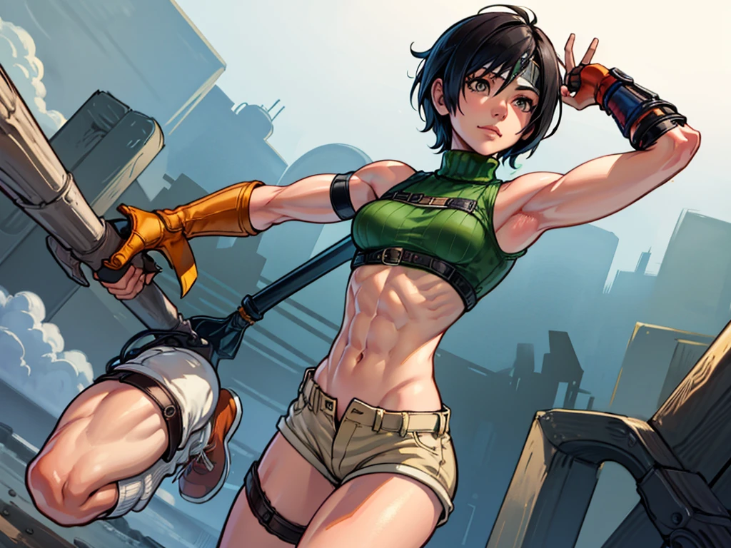 thick outlines, comics, photorealistic, perfect hands, masterpiece:1.2, forest, colorful, standing, happy, 1 girl, solo, yuffie kisaragi, short hair, black hair, headband, sleeveless turtleneck, shoulder armor, armguard, fingerless gloves, tan shorts, single thighhigh, fishnets, socks, sneakers, small breast, detailed background, detailed face, detailed eyes, strong arms, muscular thighs, ripped muscles, six pack abs, muscle arms, muscular