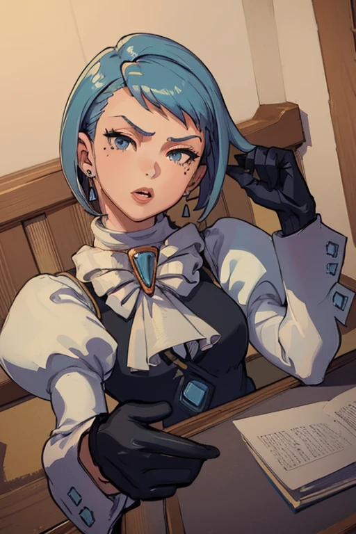 (masterpiece, best quality:1.2),  solo, 1girl, aafranziska, kiss, looking at viewer, closeup, blue hair, ascot, puffy sleeves, pencil skirt, pantyhose, black gloves, jewelry, earrings 