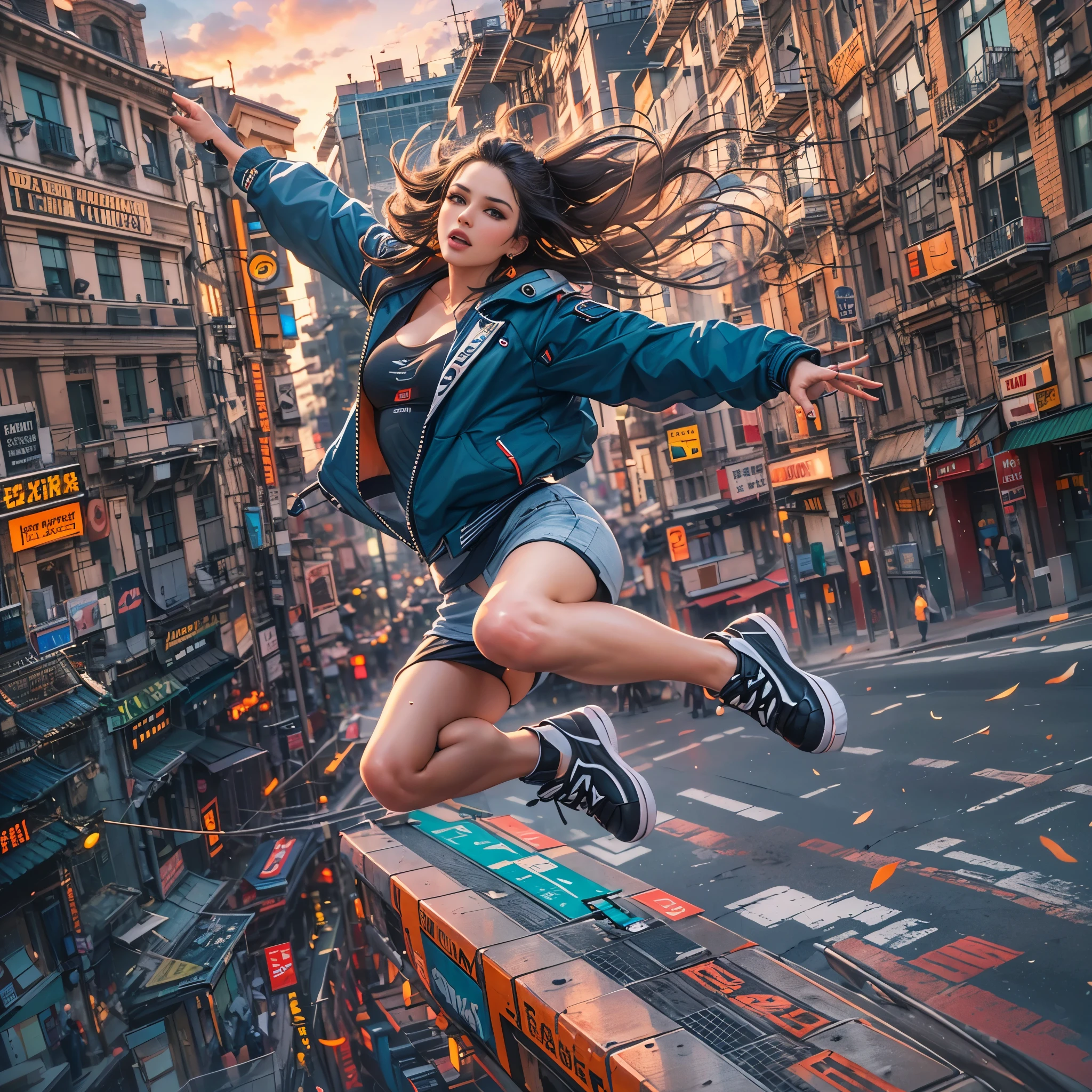 (best quality, 4k, 8k, highres, masterpiece:1.2), ultra-detailed, (realistic, photorealistic, photo-realistic:1.37), attractive girl, dramatic jump, city background, detailed eyes, detailed lips, captivating gaze, flowing hair, stylish outfit, athletic pose, aerial perspective, vibrant colors, street art style, dynamic lighting.