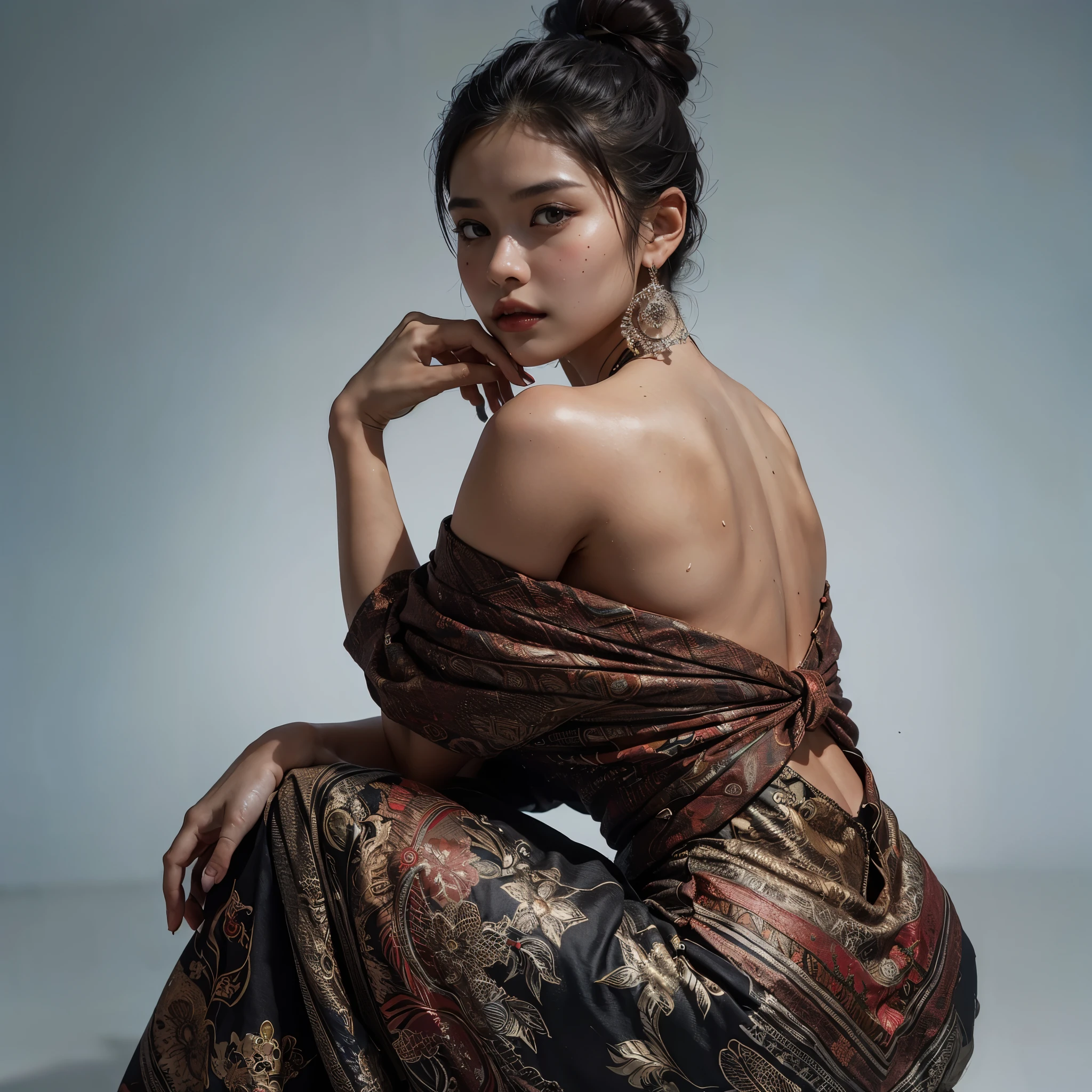 arafed woman in a dress sitting on a chair with a plant, beautiful oriental woman, high - end fashion photoshoot, asian woman, editorial fashion photography, by Basuki Abdullah, fashion photography, editorial model, by Galen Dara, beautiful asian woman, editorial photography, editorial image, batik, an asian woman, draped in flowing fabric, fashion editorial photography, (((sexy back))), (masterpiece, best quality:1.2),(8k,highres,RAW photo,realistic,photo-realistic:1.3),(detailed skin texture,detailed cloth texture,beautiful detailed face:1.25),professional lighting,photon mapping,beautiful soft light,radiosity,physically-based rendering,model shoot style, model shoot style, (extremely detailed CG unity 8k wallpaper), full shot body photo of the most beautiful artwork in the world, complex 3d render ultra detailed, looking at viewer, 18 yo, wet hair, real human skin, vibrant details, hyperrealistic, beautiful, octane render, an extremely delicate and beautiful, extremely detailed ,CG ,unity ,wallpaper,Amazing, finely detail,official art,extreme detailed eyes, (perfect face), shiny skin, colorful, highest detailed, vibrant colors, ultra high res, (high contrast), intricate, lens flare