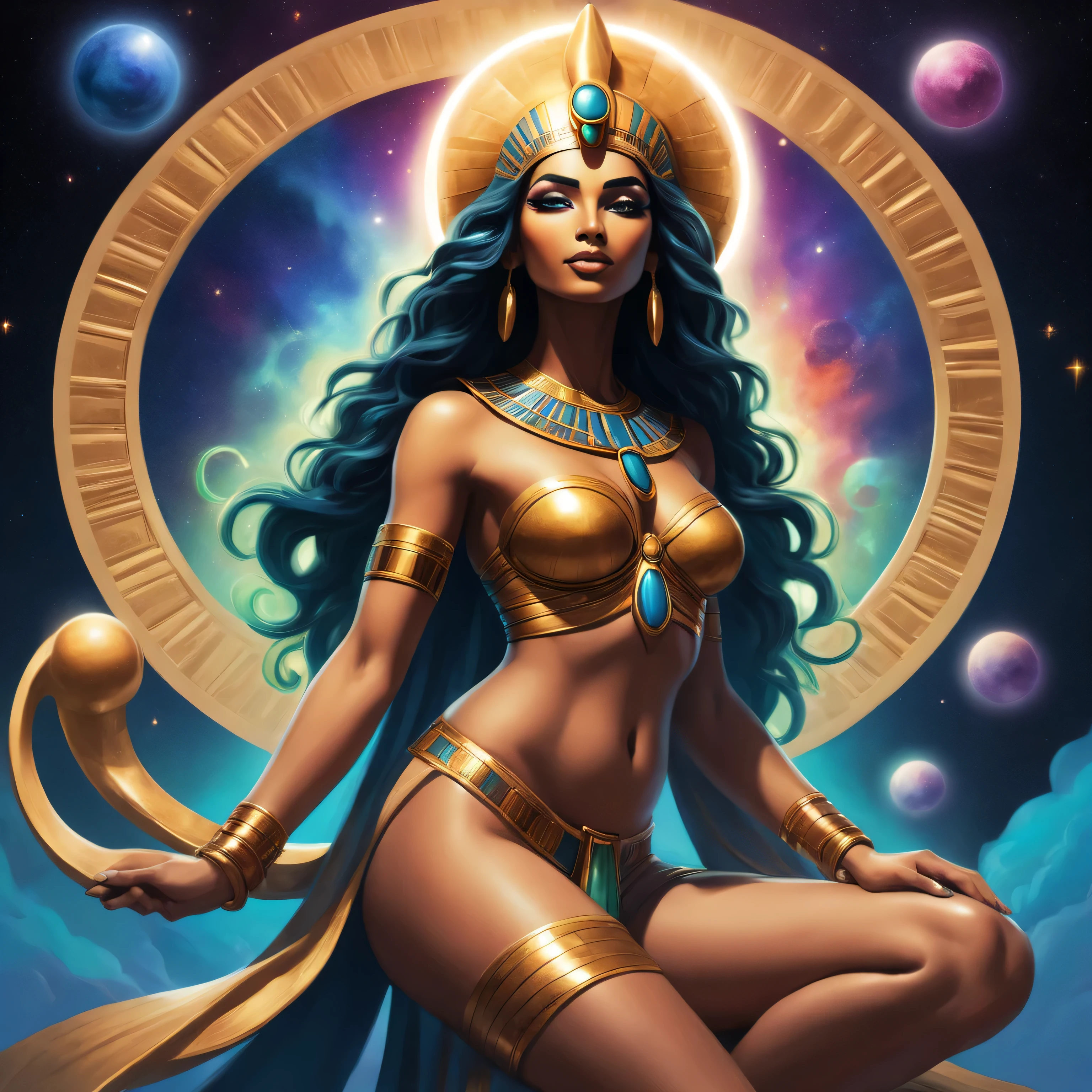 In the Pop Art style, create a vibrant and energetic depiction of the Egyptian goddess Nut. Her body is elongated and her limbs stretched to infinity, embodying the concept of the infinite universe. Her continual birthing and dying creates a luminous aura, casting a soft glow around her. Use Anime and Comic Book elements to add exaggerated expressions and dynamic movements, enhancing her goddess powers. Applying the Bioluminescent style, incorporate glowing elements throughout her body and the surrounding cosmos descending from the birthing and dying goddess, creating a mesmerizing and otherworldly presence.