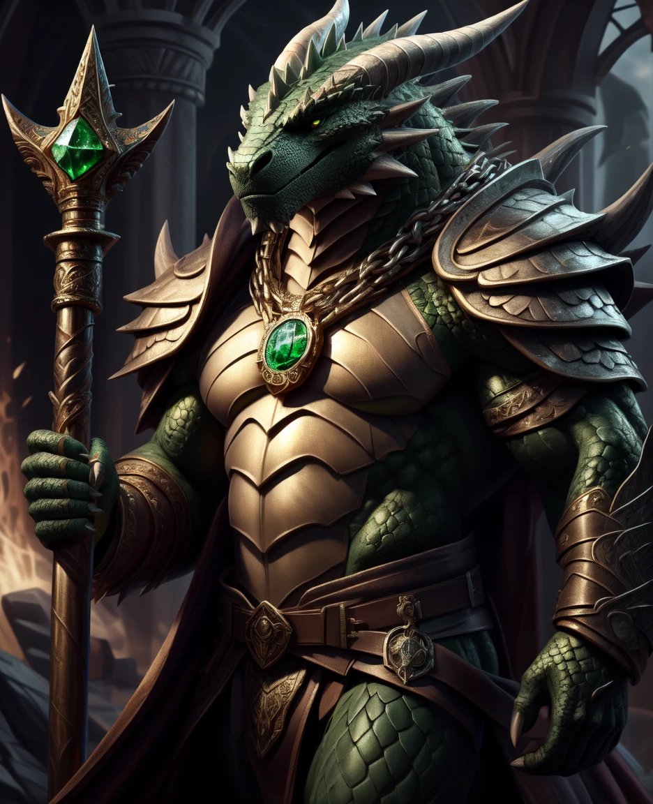 A dragon lizard man, female, illustration, (best quality, 4k, highres, masterpiece:1.2), ultra-detailed, realistic, horror, sharp focus, vivid colors, abs, light armor, black green body with scales, gold eyes, in motion, belts with pouches and bag, scars, Acenandoth, a Dragonborn cleric, stands tall with emerald-green scales that shimmer in the light. His robust physique exudes strength, complemented by a regal bearing. His eyes, a piercing gold, reflect wisdom acquired through years of devout service.

Wearing ornate robes adorned with symbols of his deity, Acenandoth carries a sacred staff, intricately carved with symbols representing his divine connection. A pendant around his neck bears the emblem of his chosen god, a reminder of his unwavering faith.

His voice, resonant and filled with conviction, commands attention as he channels divine energy to heal and protect his companions. Acenandoth's scales, while green, carry subtle variations, creating a mesmerizing gradient that symbolizes the complexities of his character