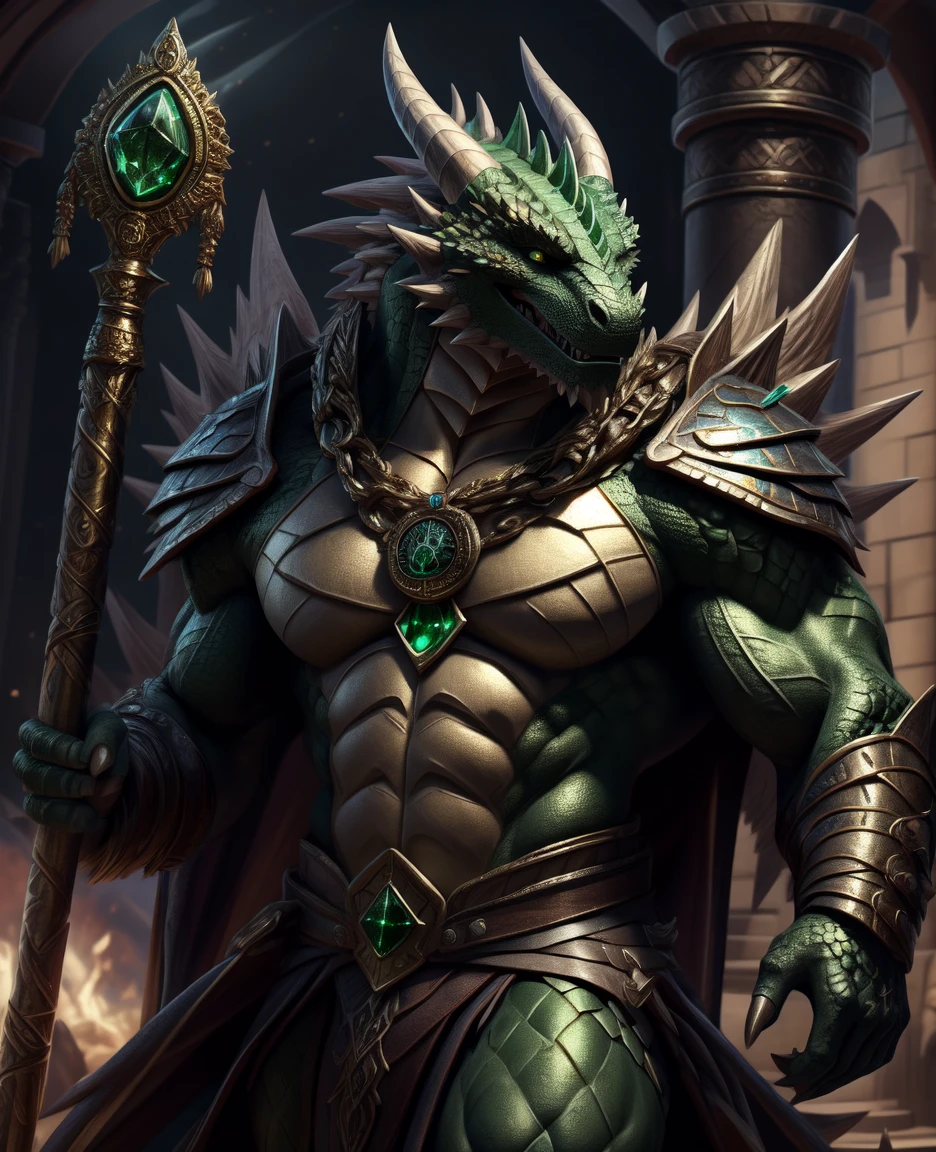 A dragon lizard man, female, illustration, (best quality, 4k, highres, masterpiece:1.2), ultra-detailed, realistic, horror, sharp focus, vivid colors, abs, light armor, black green body with scales, gold eyes, in motion, belts with pouches and bag, scars, Acenandoth, a Dragonborn cleric, stands tall with emerald-green scales that shimmer in the light. His robust physique exudes strength, complemented by a regal bearing. His eyes, a piercing gold, reflect wisdom acquired through years of devout service.

Wearing ornate robes adorned with symbols of his deity, Acenandoth carries a sacred staff, intricately carved with symbols representing his divine connection. A pendant around his neck bears the emblem of his chosen god, a reminder of his unwavering faith.

His voice, resonant and filled with conviction, commands attention as he channels divine energy to heal and protect his companions. Acenandoth's scales, while green, carry subtle variations, creating a mesmerizing gradient that symbolizes the complexities of his character