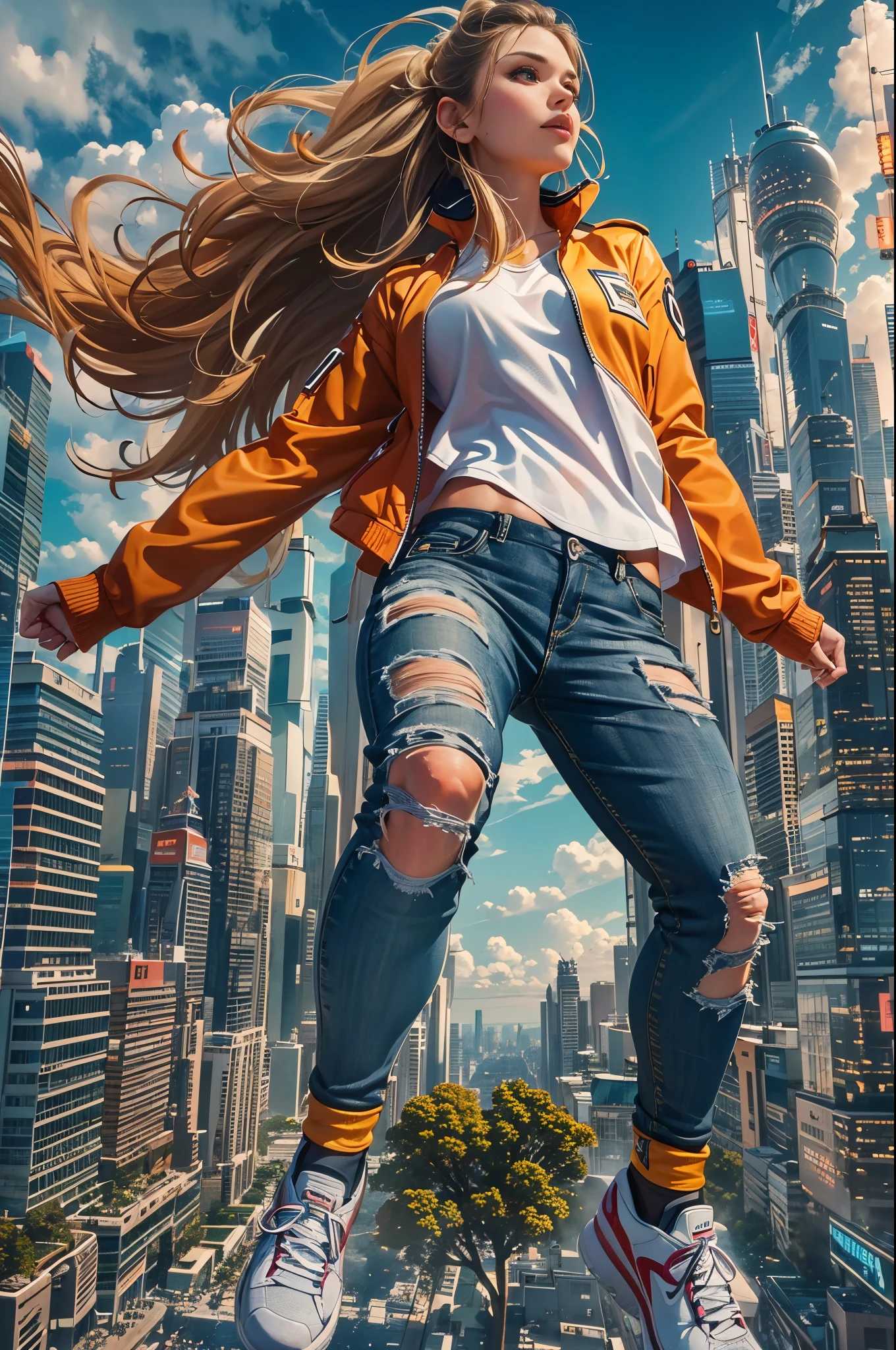 (best quality, 4k, 8k, highres, masterpiece:1.2), ultra-detailed, (realistic, photorealistic, photo-realistic:1.37), attractive girl, dramatic jump, city background, detailed eyes, detailed lips, captivating gaze, flowing hair, stylish outfit, athletic pose, aerial perspective, vibrant colors, street art style, dynamic lighting.