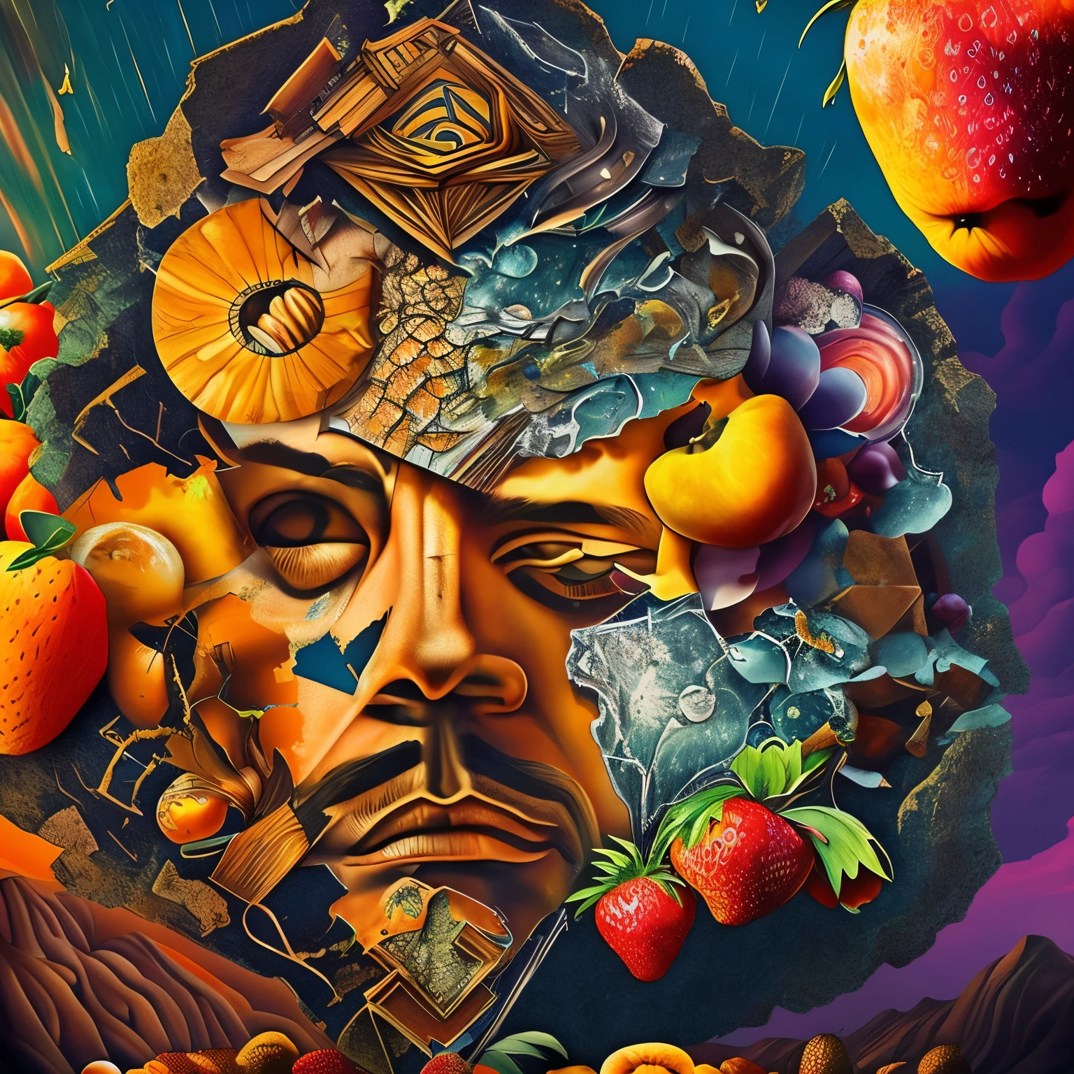 a poster with a surrealist illustration of a face of a cracked Greek style broken statue of a man in a psychedelic suit and fruits falling from the sky in an isolated place post apocalyptic psychedelic style experimental surrealist style