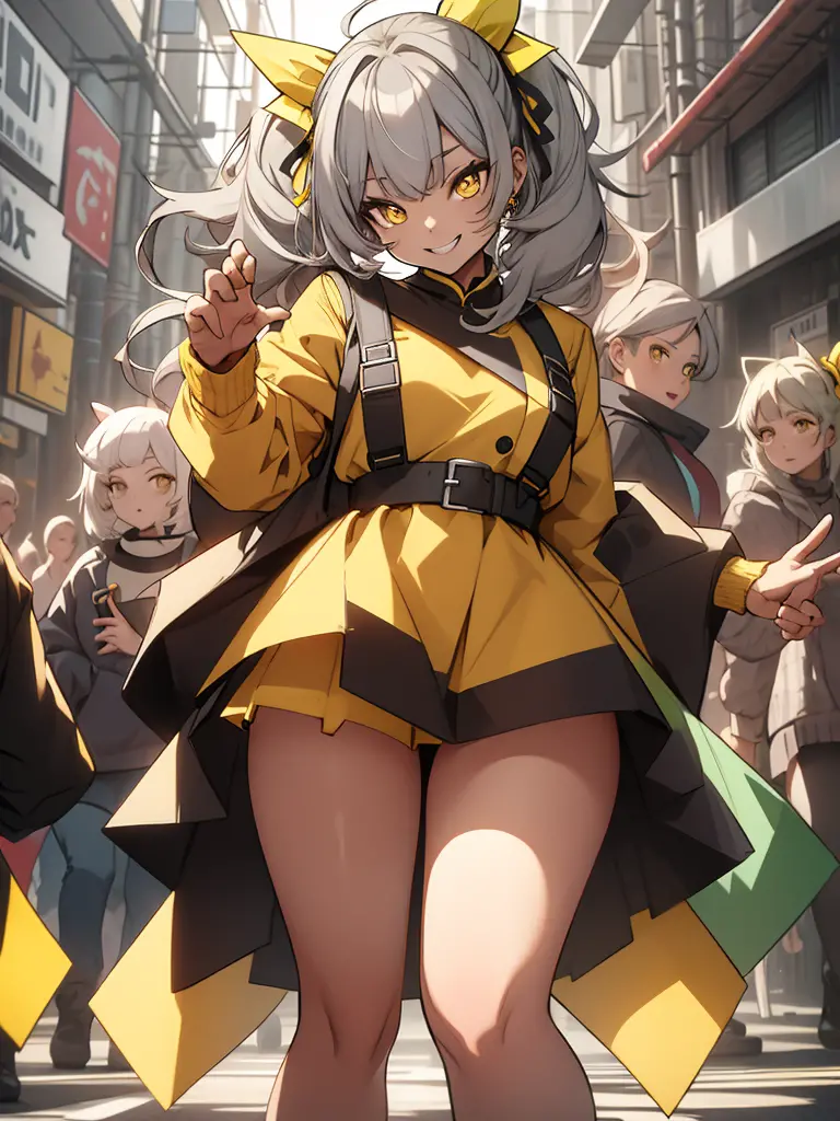 (best quality:1.2), (masterpiece:1.2), (Vibrant poses:1.4), gray hair, long ponytail with yellow ribbon, yellow eyes, white shir...