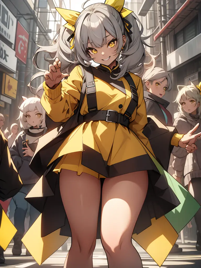 (best quality:1.2), (masterpiece:1.2), (vibrant poses:1.4), gray hair, long ponytail with yellow ribbon, yellow eyes, white shir...