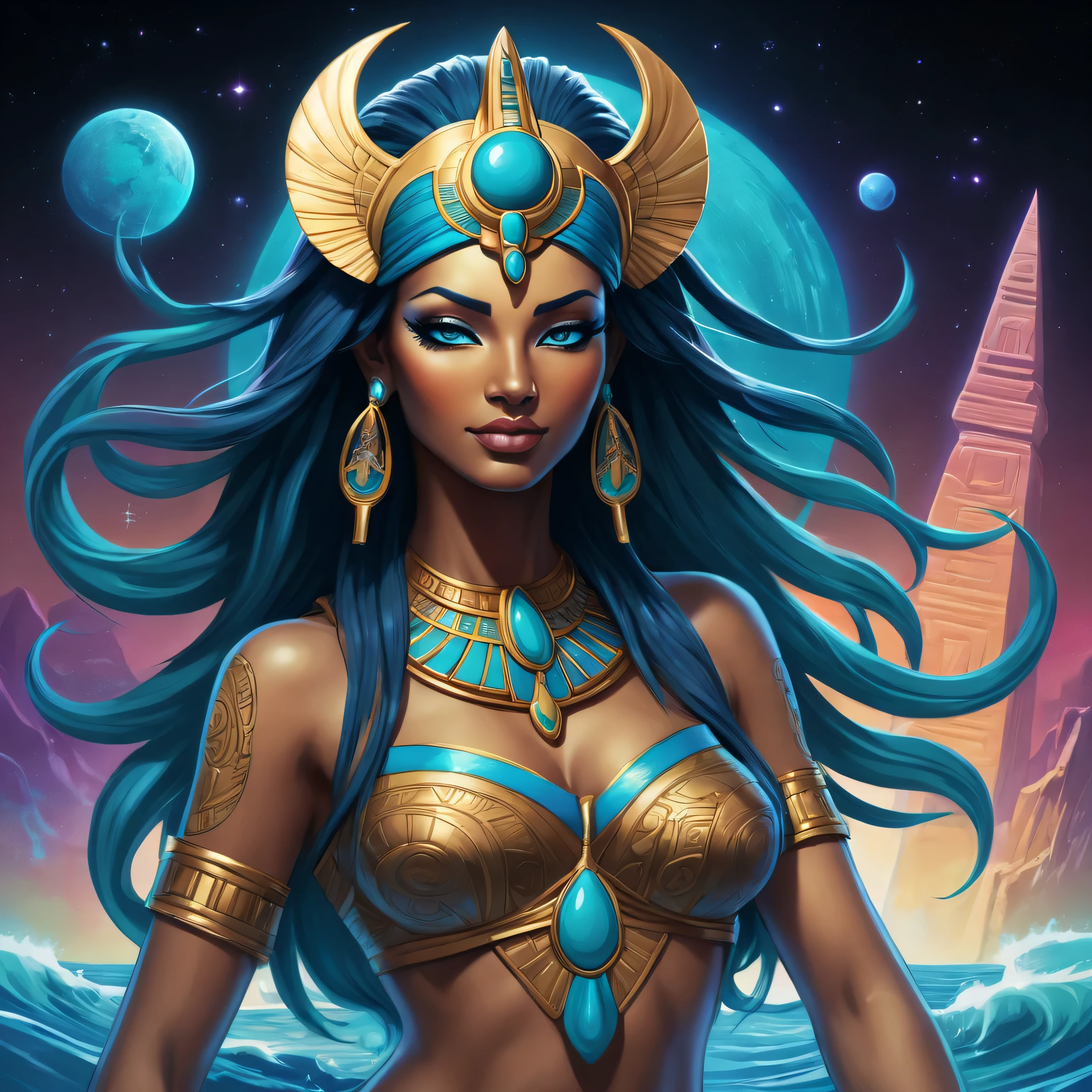 In digital pop art style, create an anime-infused design of the Egyptian goddess Tefnut employing an exquisitely detailed, luminous and bioluminescent rendering.

Print the name of the goddess in flowing hieroglyphics, glowing with neon light, at the bottom left corner of the image. Depict Tefnut as a graceful and powerful figure, with long waves of flowing, vibrant blue and turquoise water cascading from the heavens and flowing around her, creating a dynamic and aquatic scene. Her divine form should be adorned with intricate, glowing tattoos inspired by lotus flowers, cobras, and other ancient Egyptian symbols. Incorporate elements of comic book storytelling, such as bold, contrasting lines and exaggerated features to emphasize her regality and ethereal nature. Bring this divine being to life with a background that features a cosmic landscape, complete with twinkling stars and galaxies, adding a celestial touch to the overall design.