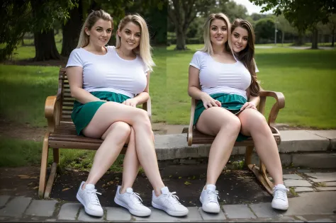 2heads, Two headed woman, age 23, irish, sitting in park, curvy flowing skirt, sneakers, sitcrossleg,