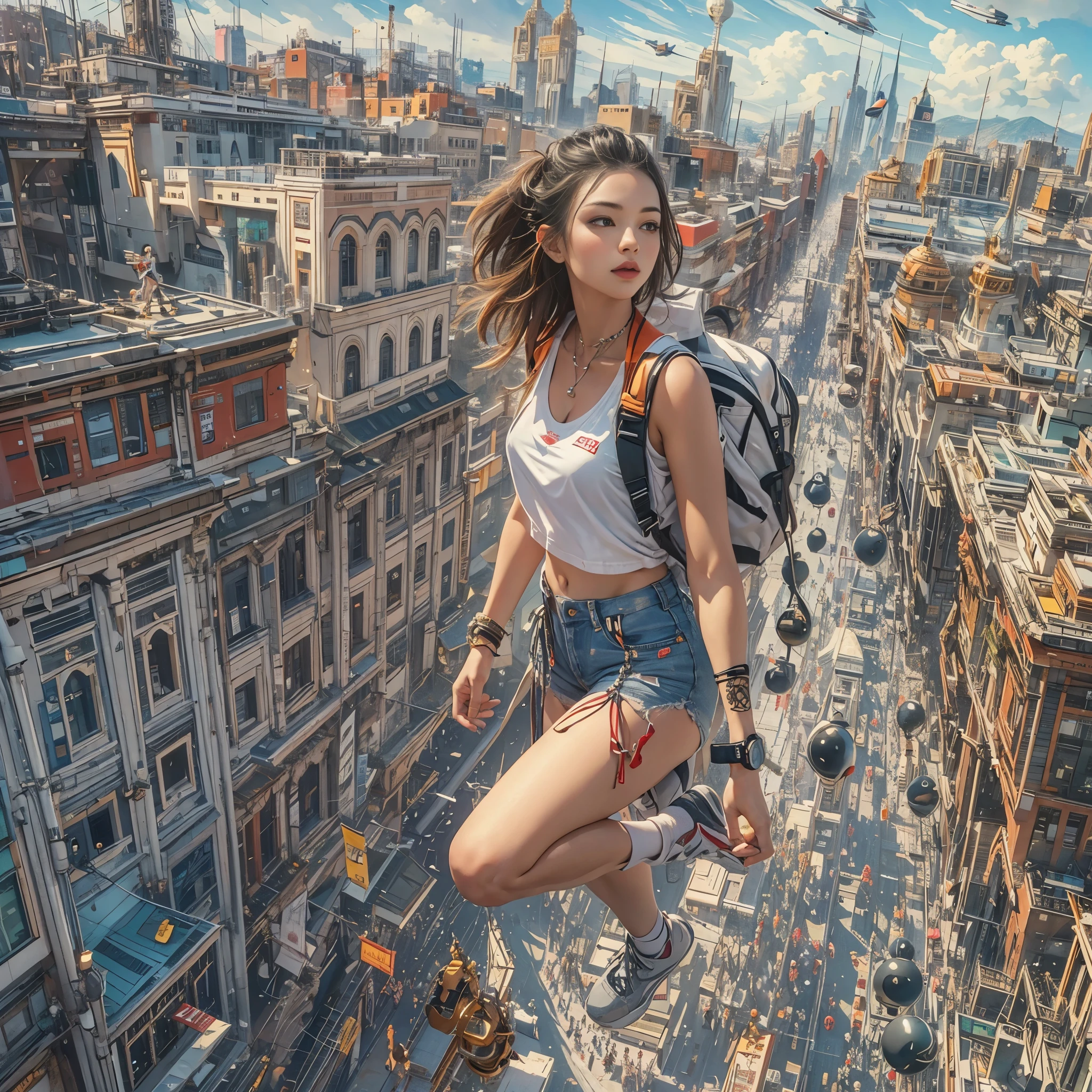 (ultra-detailed, masterpiece:1.2), extremely detailed artwork, best quality, high-resolution, hyper-realistic:1.37, attractive girl, breathtaking leap, background cityscape