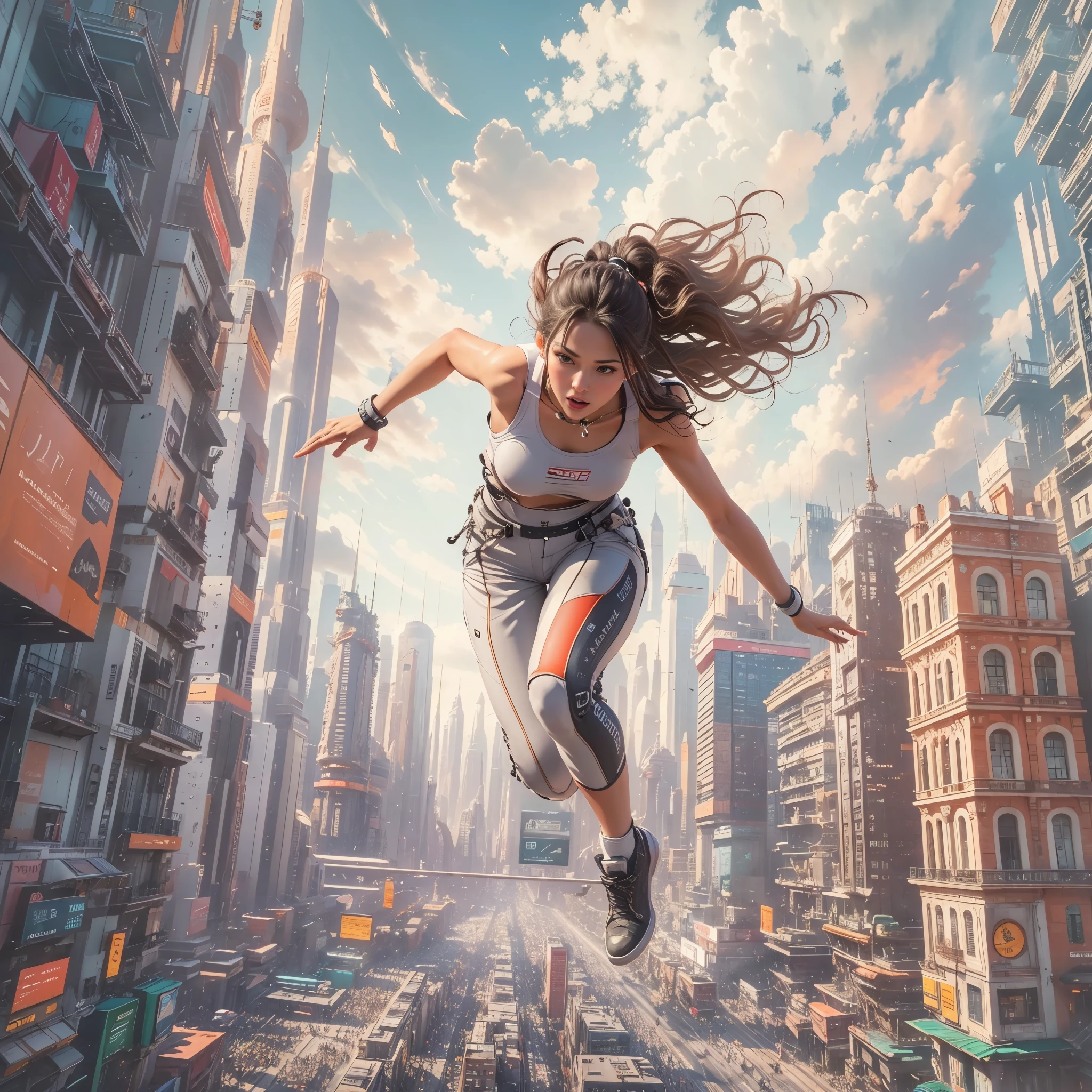 (ультрадетализированный, шедевр:1.2), Чрезвычайно детальное произведение искусства, Лучшее качество, высокое разрешение, гиперреалистичный:1.37, Привлекательная девушка, захватывающий дух прыжок, фон городской пейзаж