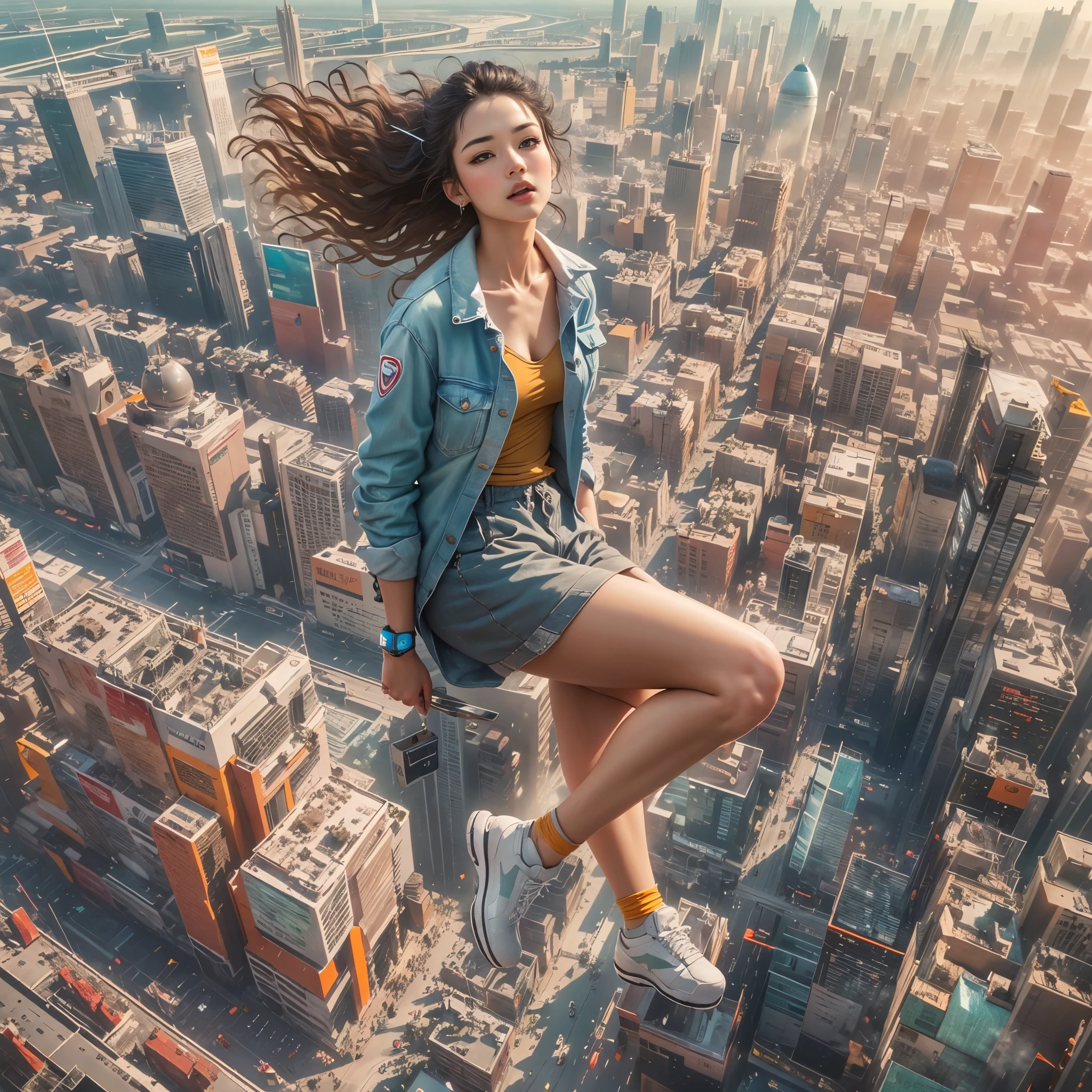 (ultra-detailed, masterpiece:1.2), extremely detailed artwork, best quality, high-resolution, hyper-realistic:1.37, attractive girl, breathtaking leap, background cityscape