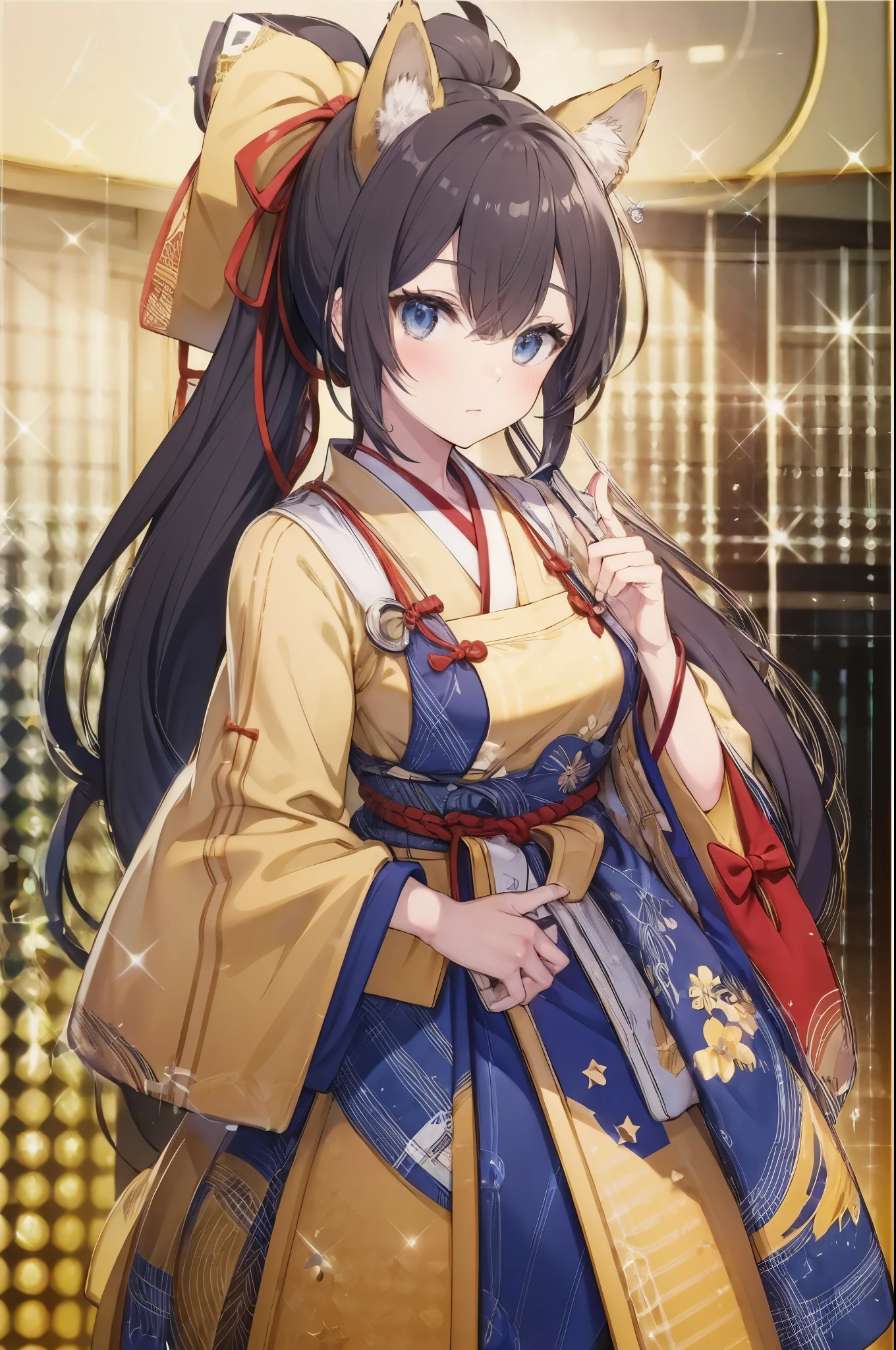 Anime girl in blue hakama and yellow apron, A large blue ribbon is attached to the waist..,fox ears、long brown ponytail hair、red ribbon in hair,Onmyoji