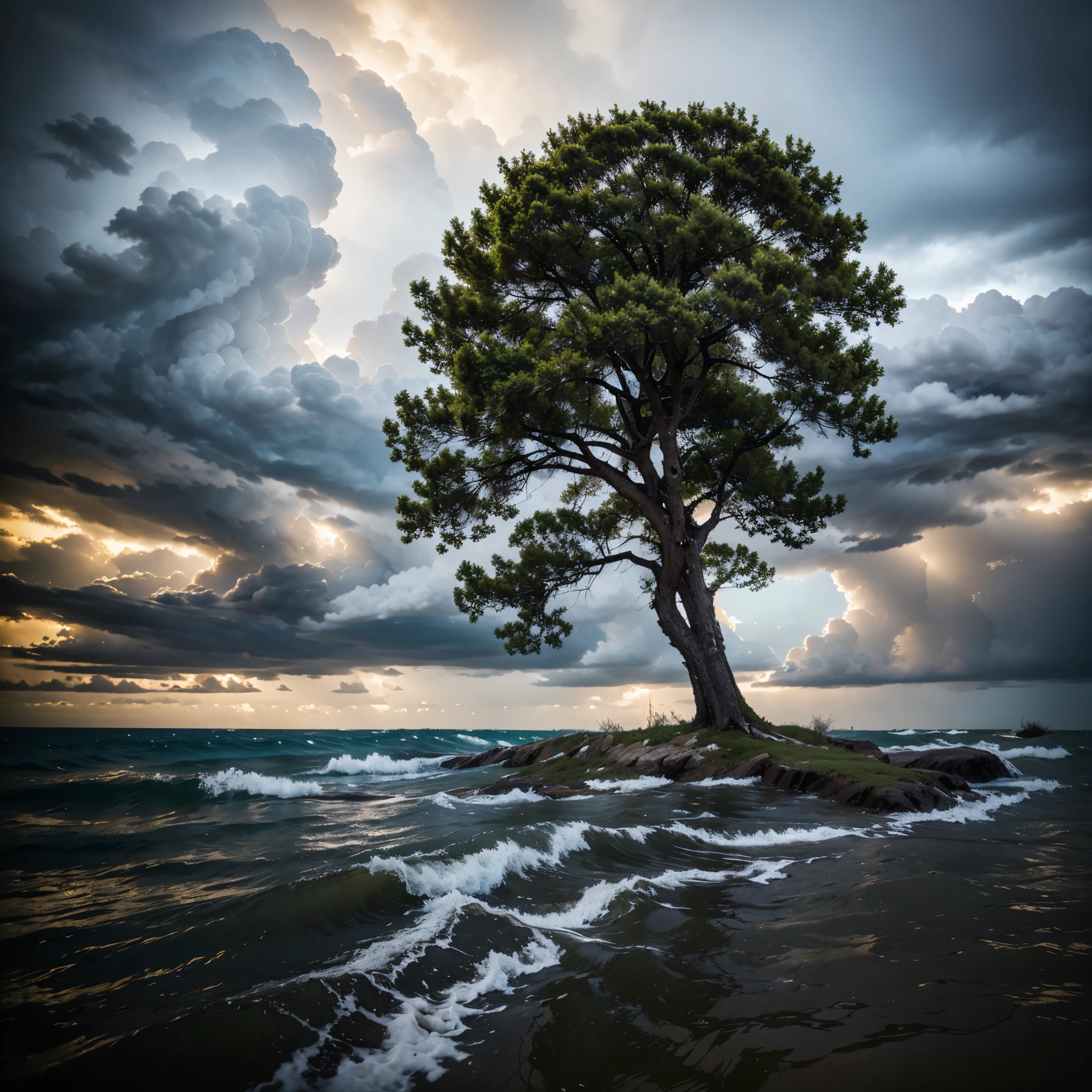 Uma árvore resiliente em meio às tempestades, destacando a resiliência que cresce a partir dos desafios.