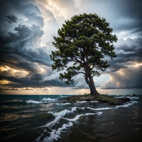 A resilient tree in the midst of storms, highlighting the resilience that grows from challenges.