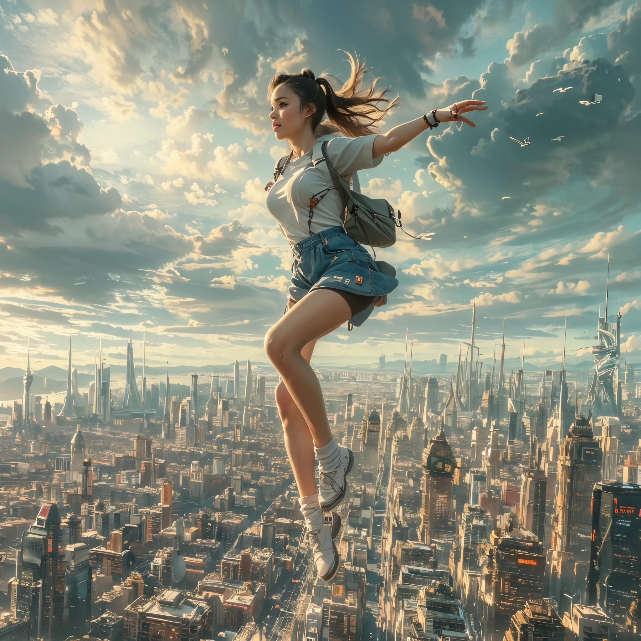 (ultra-detailed, masterpiece:1.2), extremely detailed artwork, best quality, high-resolution, hyper-realistic:1.37, attractive girl, breathtaking leap, background cityscape