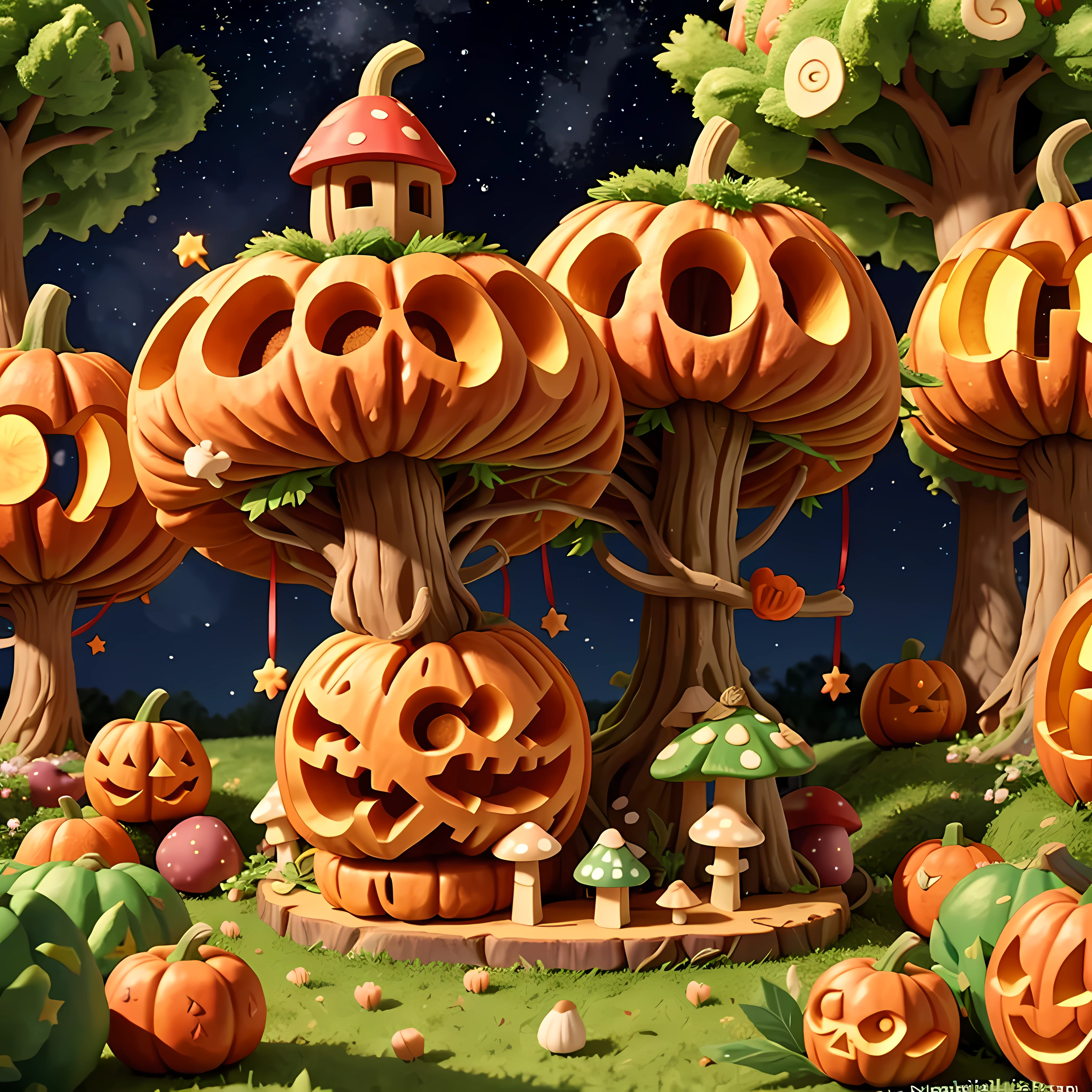 Masterpiece in maximum 16K resolution. | Professional colorful 3D, pumpkin ((((carving)))), whimsical enchanting fairy forest with mushroom houses and tall trees, festival atmosphere at starry night. | ((More_Detail))