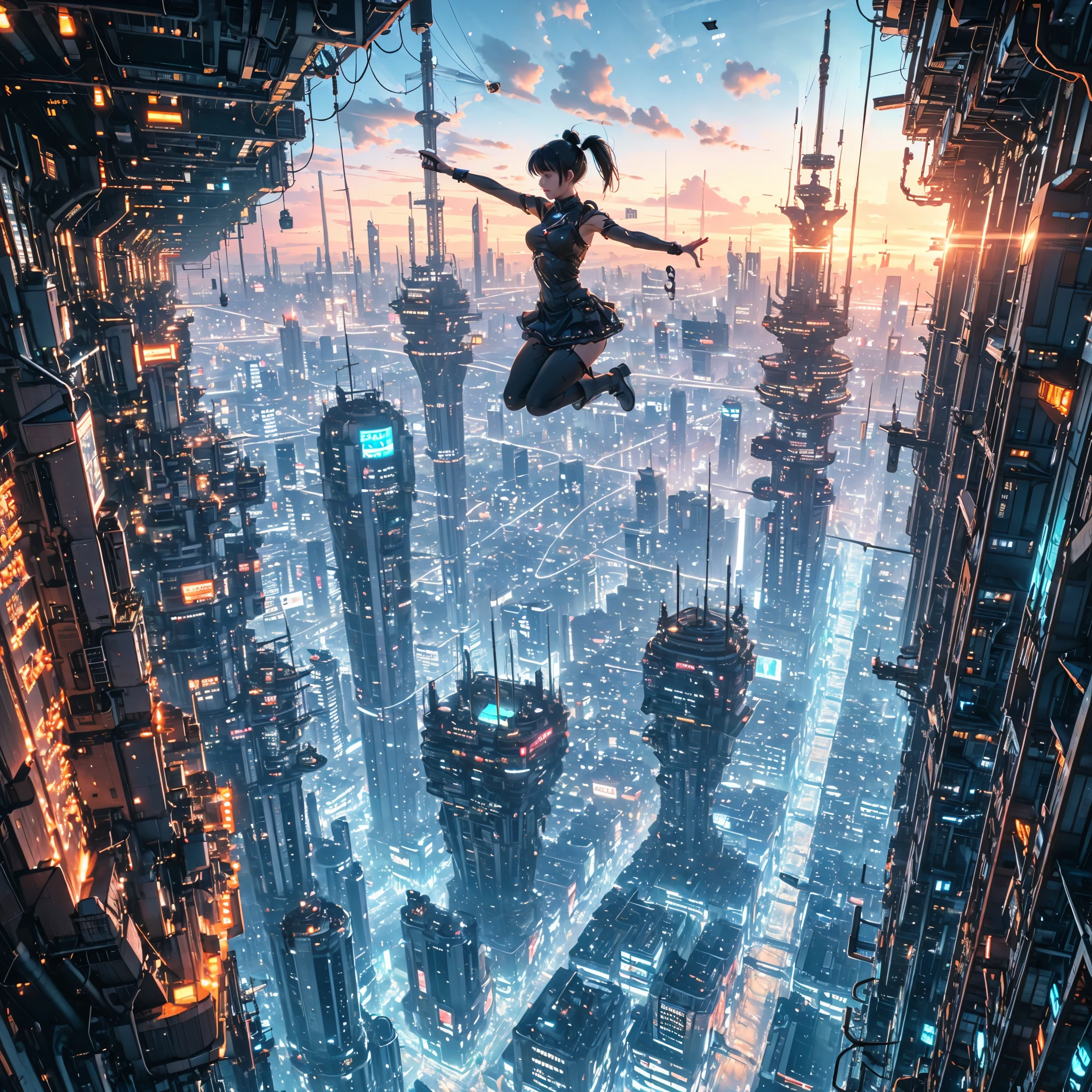 (ultra-detailed, masterpiece:1.2), extremely detailed artwork, best quality, high-resolution, hyper-realistic:1.37, attractive girl, breathtaking leap, background cityscape, realistic lighting, vibrant colors, elegant dress, flowing hair, graceful posture, mesmerizing expression, captivating eyes, delicate facial features, dynamic movement, bustling streets, towering skyscrapers, busy traffic, glowing neon signs, vibrant city life, breathtaking urban scenery, intricate architectural details, vivid city lights, bustling city ambiance, bustling streets, modern cityscape, urban energy