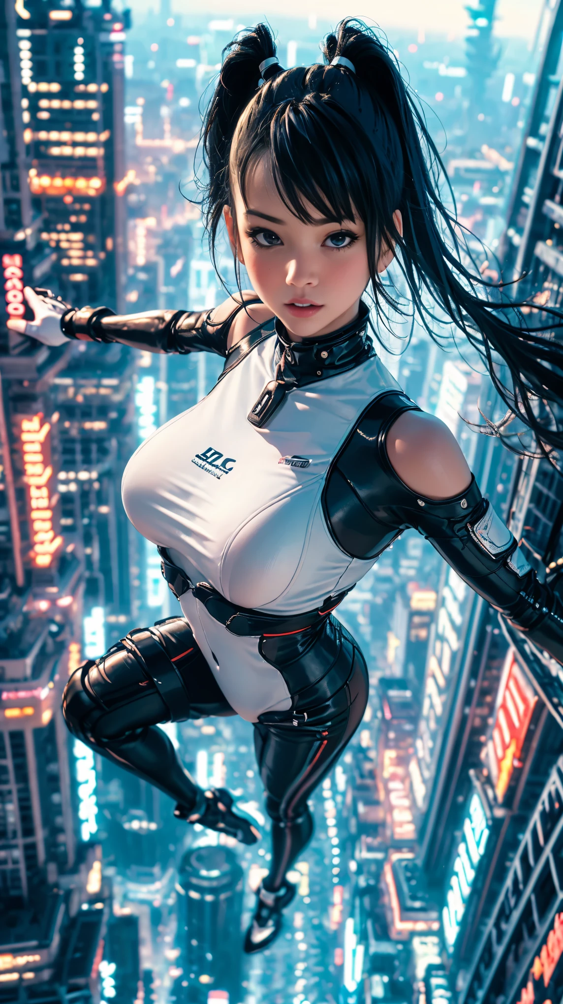 (ultra-detailed, masterpiece:1.2), extremely detailed artwork, best quality, high-resolution, hyper-realistic:1.37, attractive girl, breathtaking leap, background cityscape, realistic lighting, vibrant colors, elegant dress, flowing hair, graceful posture, mesmerizing expression, captivating eyes, delicate facial features, dynamic movement, bustling streets, towering skyscrapers, busy traffic, glowing neon signs, vibrant city life, breathtaking urban scenery, intricate architectural details, vivid city lights, bustling city ambiance, bustling streets, modern cityscape, urban energy
